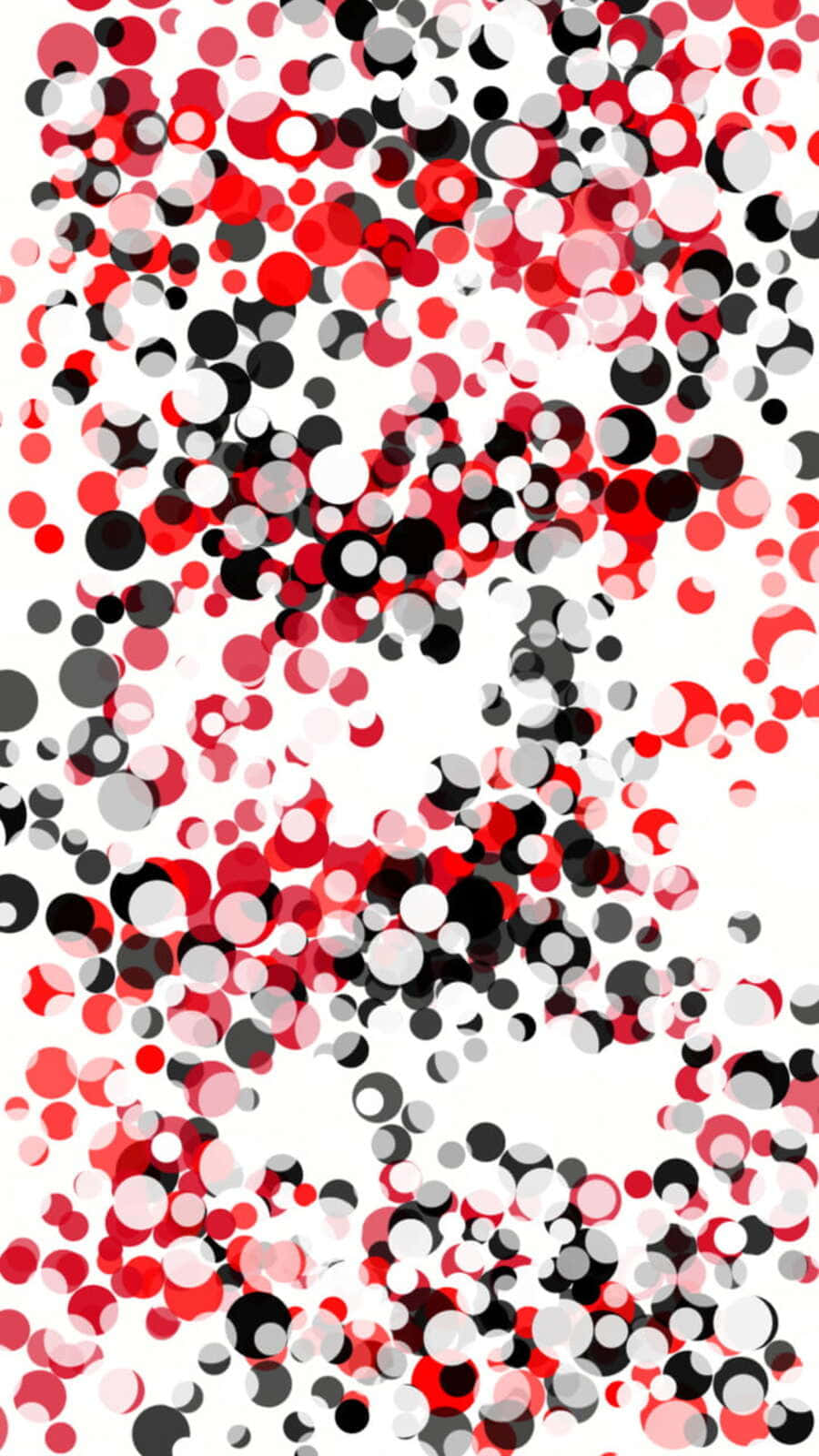 Black And White Dots 桌布 壁紙 — 一個動態抽象圖案，由重疊的紅色、黑色和白色圓圈組成，散落在明亮的白色背景上。