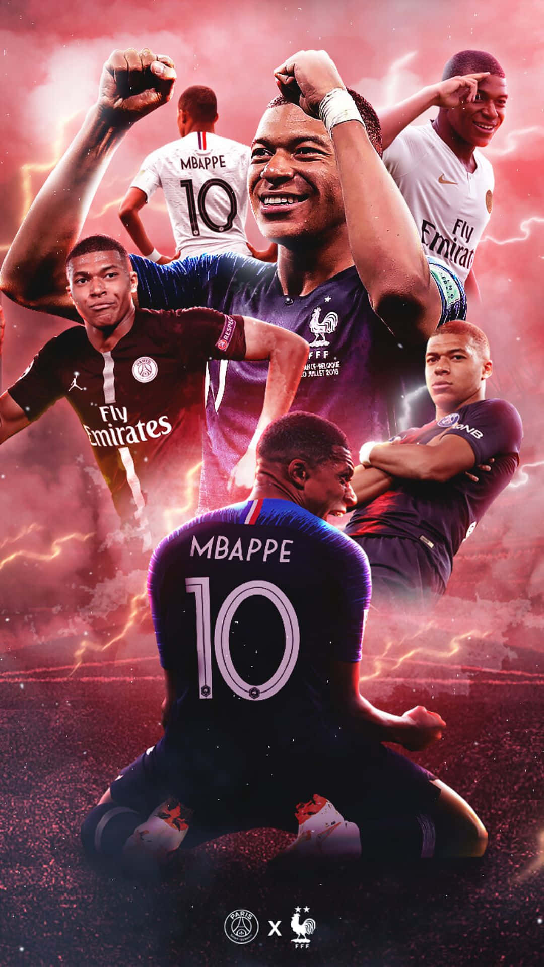 Mbappe 桌布 壁紙 — 一個動態拼貼，描繪足球員麥巴比在熾熱的紅紫色閃電風暴背景下，以不同姿勢和球衣出現。