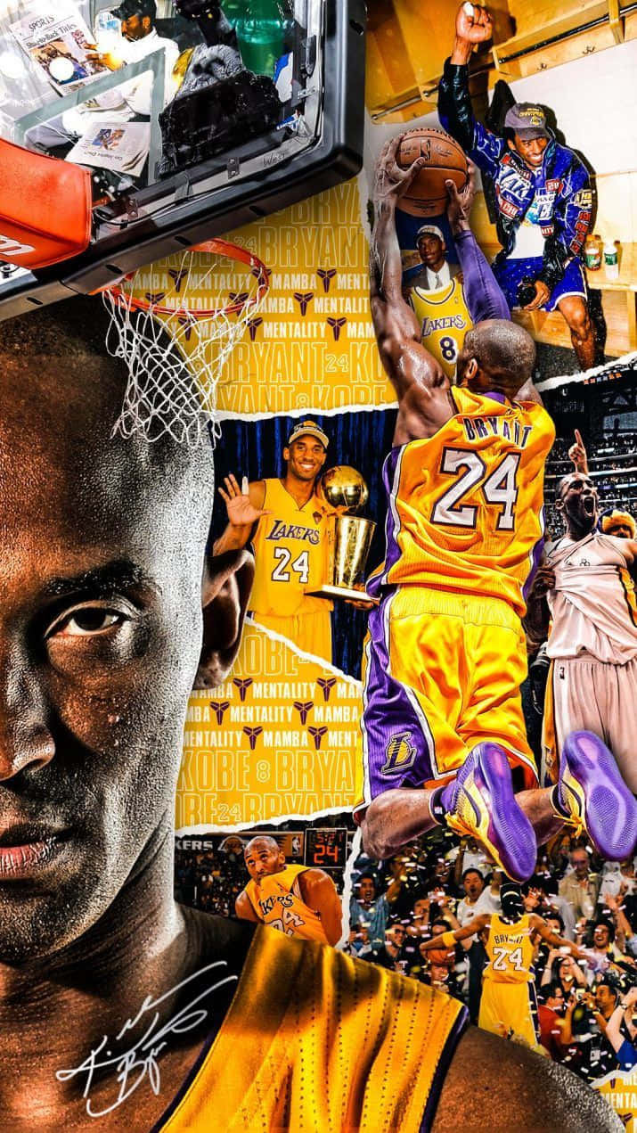 Kobe 桌布 壁紙 — 一個動態拼貼畫，慶祝高比拜仁，展示他的標誌性比賽時刻和黃色湖人球衣。