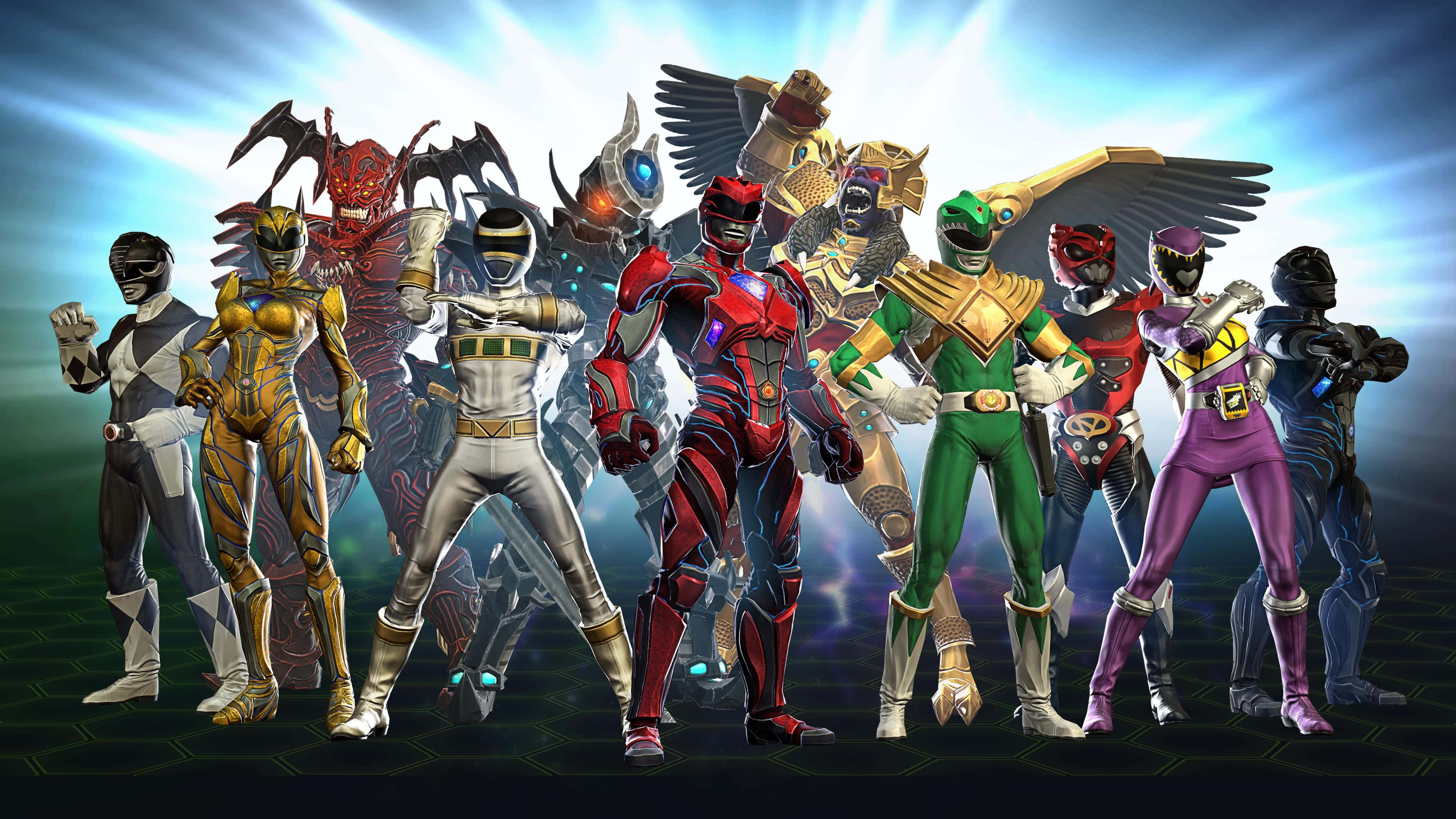 Power Rangers 桌布 壁紙 — 一個動態排列嘅Power Rangers，身穿色彩繽紛嘅裝甲套裝，英雄式咁企喺發光嘅藍色同綠色能量背景前面。