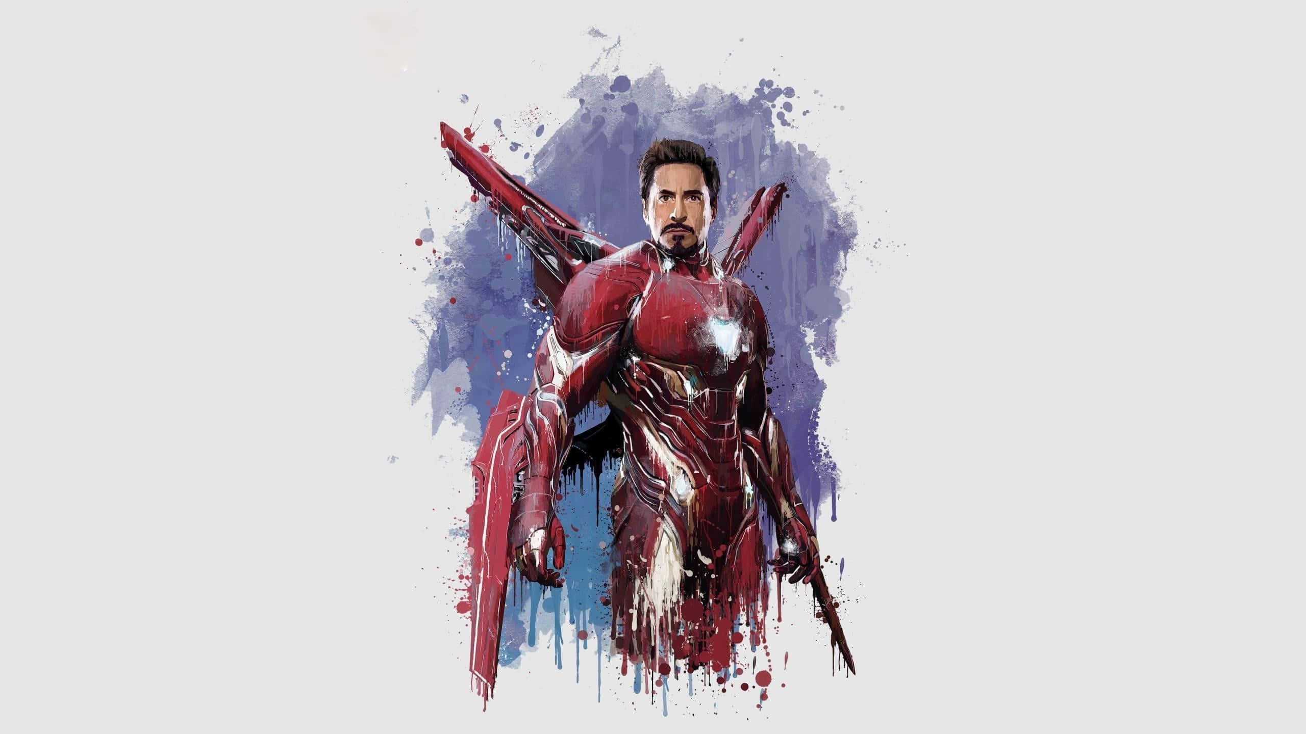 Iron Man Art 桌布 壁紙 — 一個動態水彩風格的鐵甲奇俠張開雙臂，站在濺滿紅色和藍色的背景前。