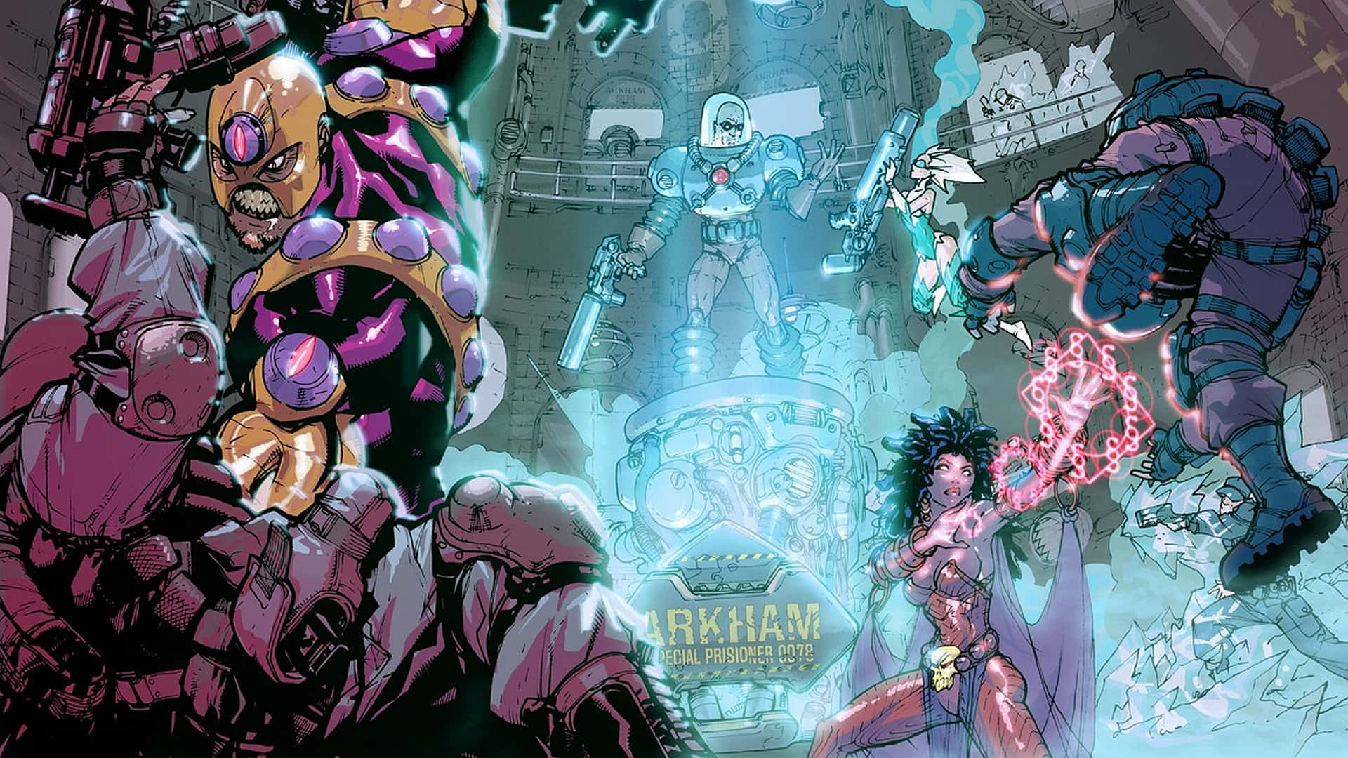 Mr Freeze 桌布 壁紙 — 一個動態漫畫場景，描繪了裝甲戰士和發光女法師在未來風格的阿卡姆設施中戰鬥。