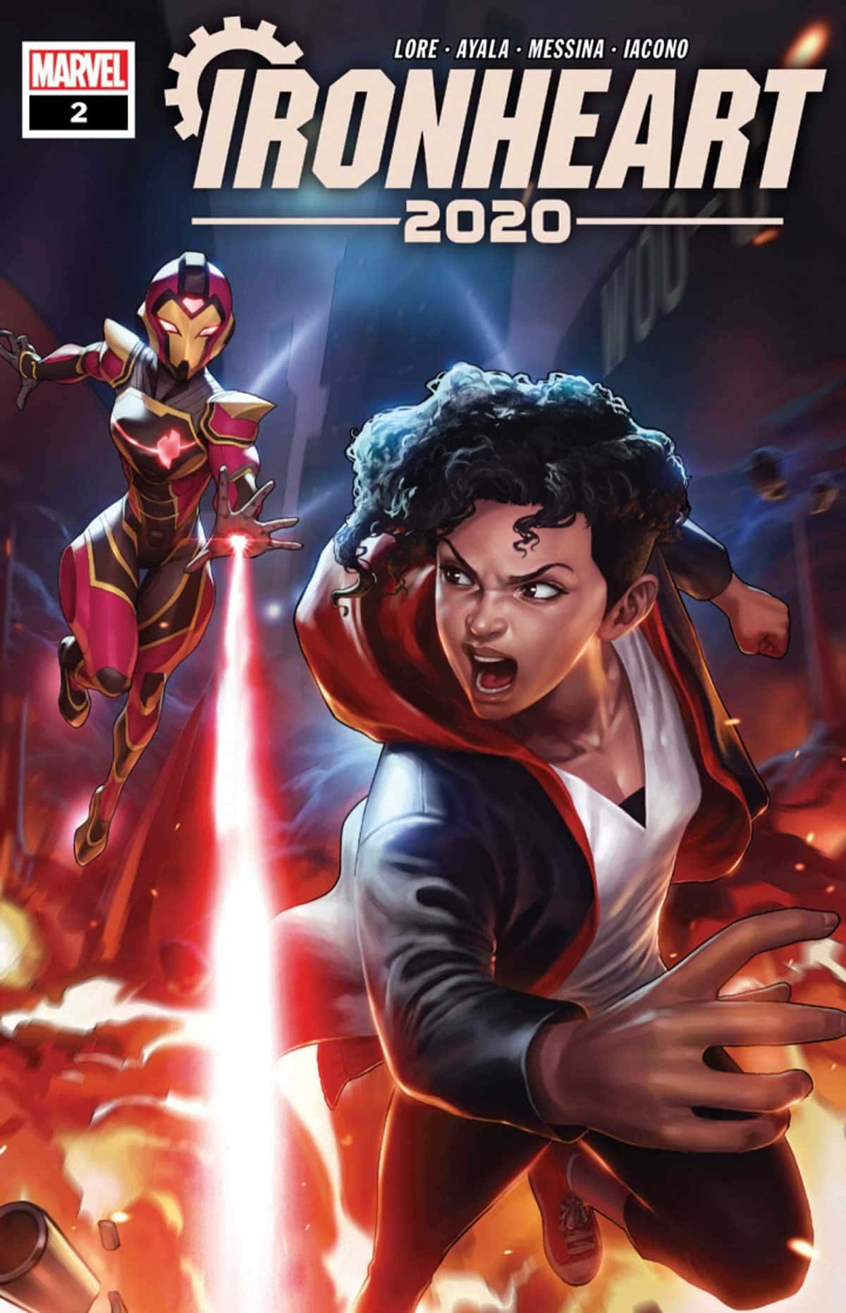 Ironheart 桌布 壁紙 — 一個動態漫畫封面， featuring Riri Williams 飾演 Ironheart 發射紅色光束，而年輕版的她則堅定地注視著。