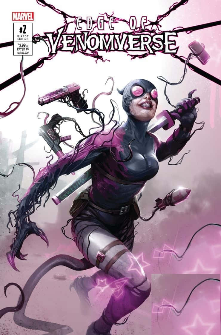 Venomverse 桌布 壁紙 — 一個動態漫畫封面，展示一位擁有粉紅色眼睛和紫色共生體觸手的女性超級英雄，在粉紅色和黑色背景上揮舞武器。