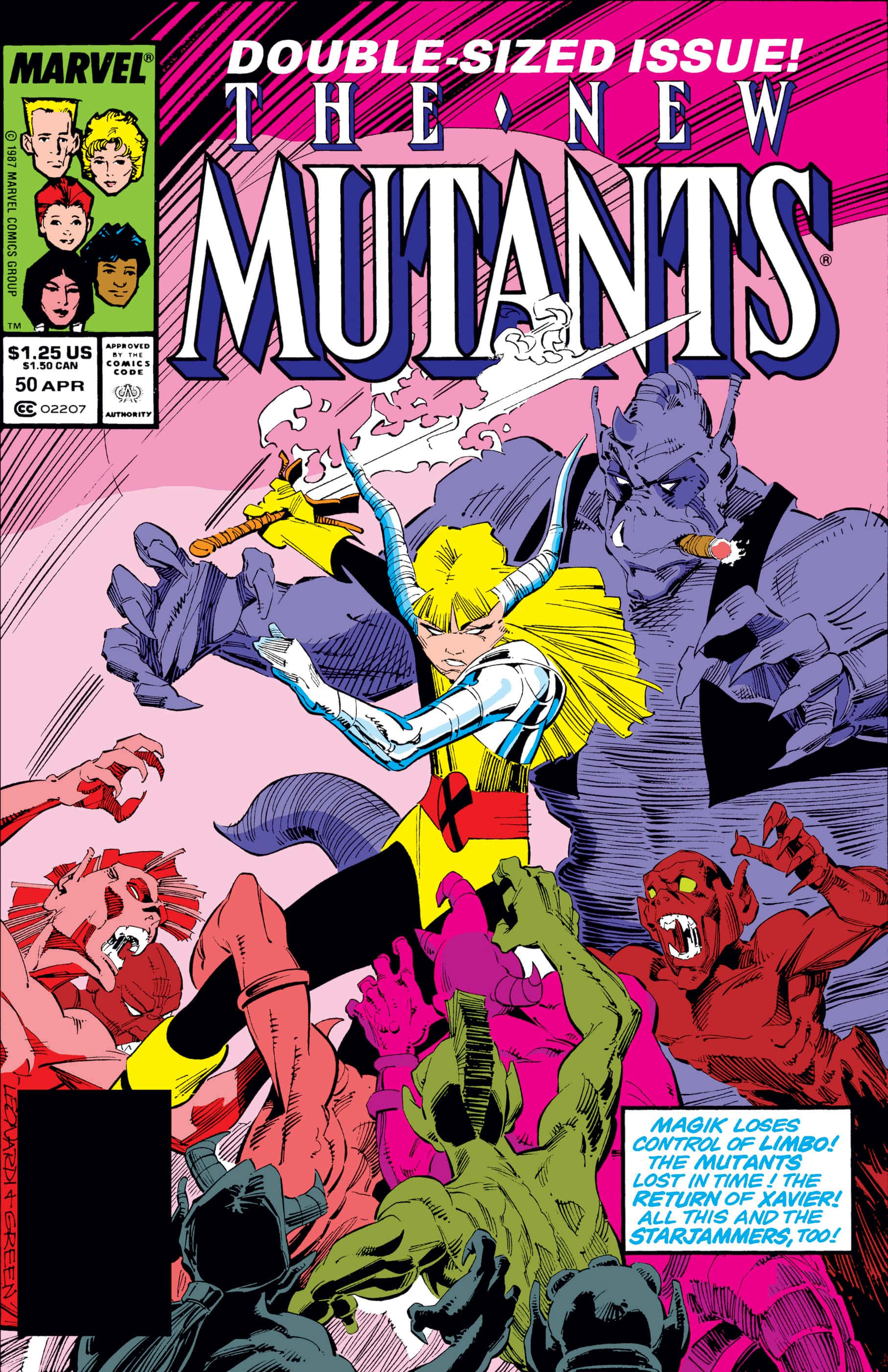 Mutants 桌布 壁紙 — 一個動態漫畫封面，展示一位金髮變種英雄穿著黃黑服裝，在充滿活力的粉紅色背景上與多個怪物敵人戰鬥。