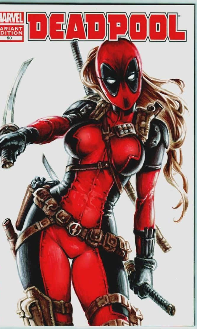 Lady Deadpool 桌布 壁紙 — 一個動態漫畫封面，描繪一位身穿紅黑緊身衣的女性死侍，在純色背景前揮舞多把劍。