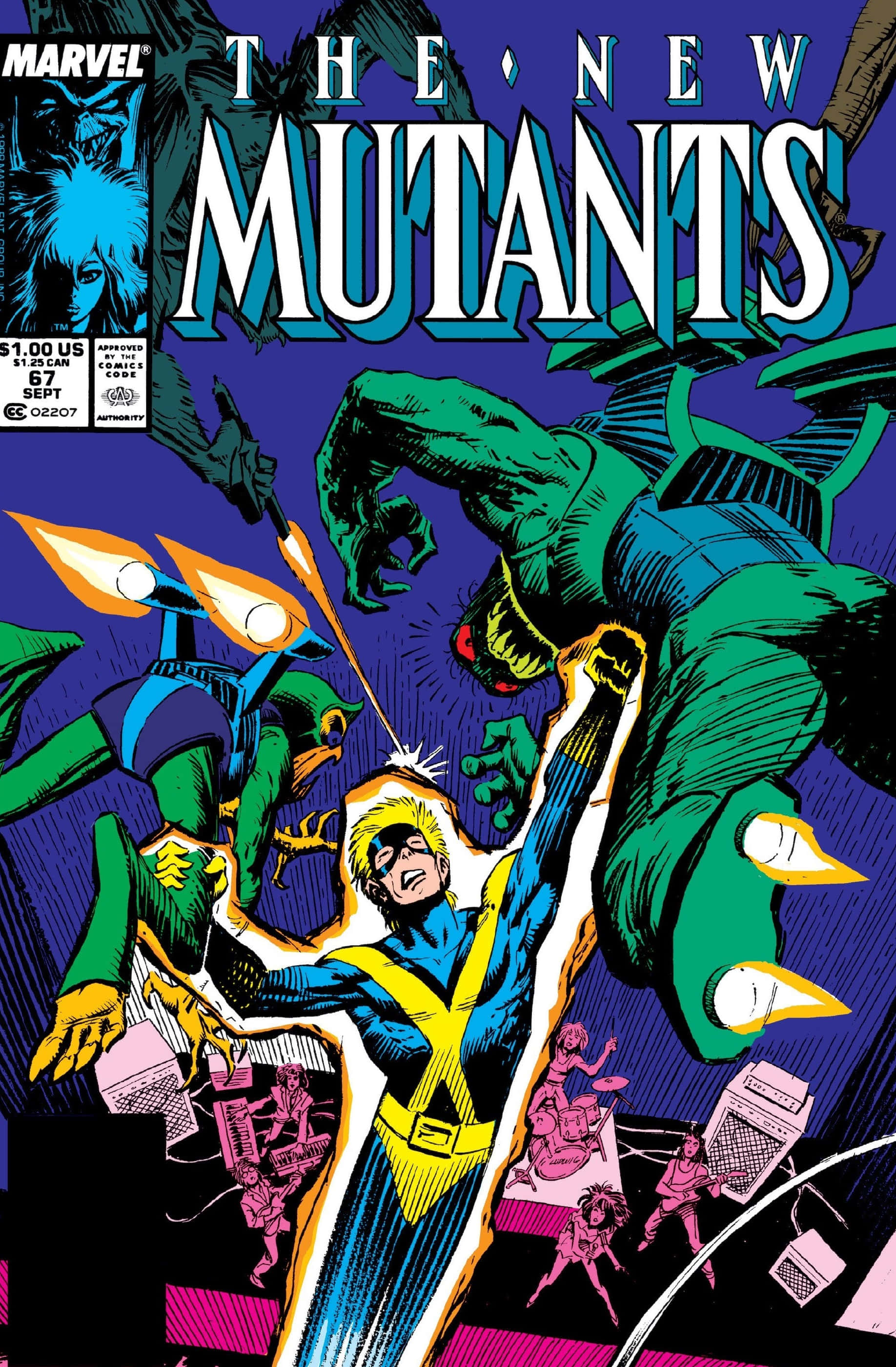 Mutants 桌布 壁紙 — 一個動態漫畫封面展示一位身穿藍黃色服的英雄在紫色背景上與綠色巨型怪物戰鬥。