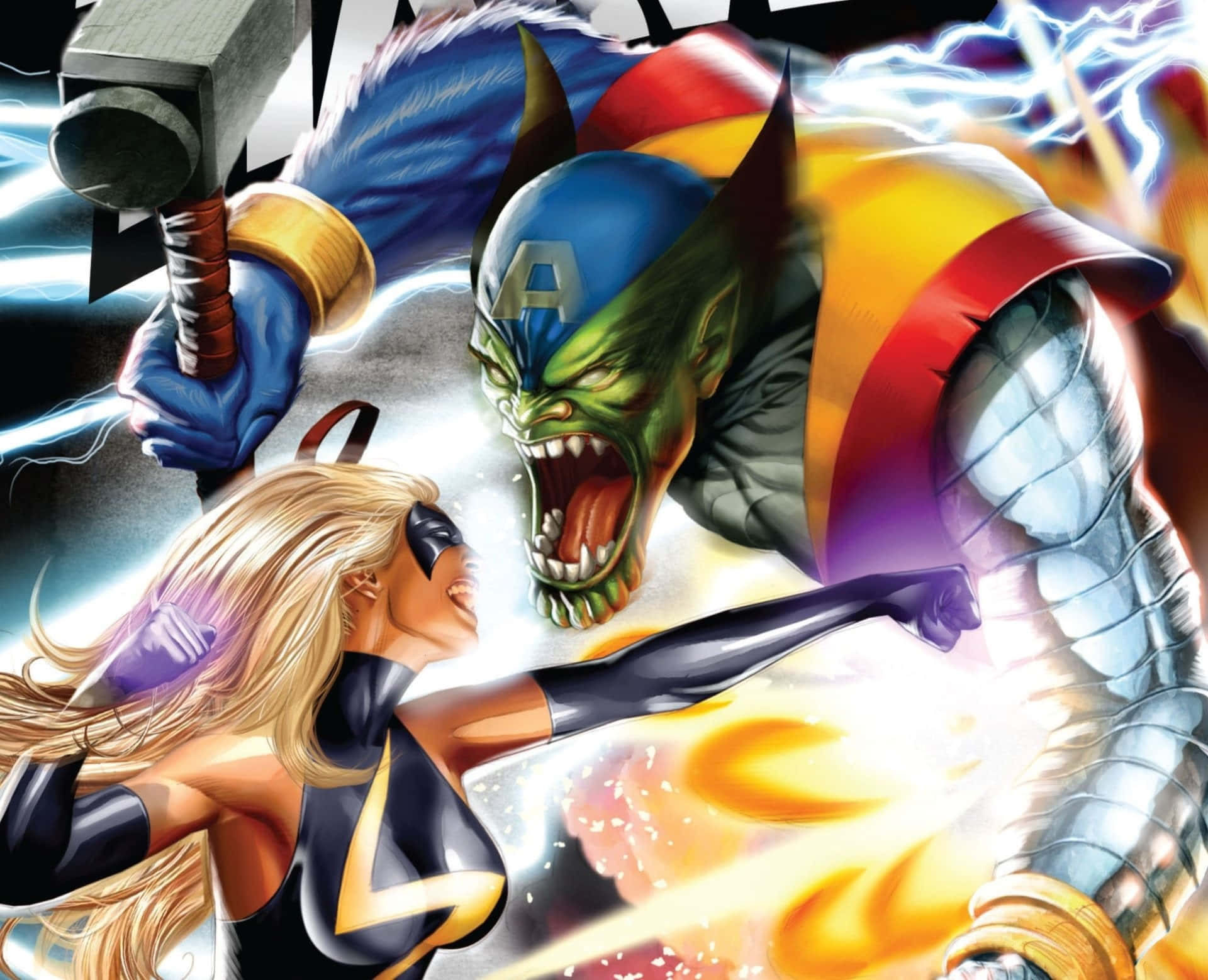Secret Invasion 桌布 壁紙 — 一個動態漫畫戰鬥場景，金髮英雄身穿黑黃色戰衣，與手持錘子和閃電的綠色怪物戰鬥。