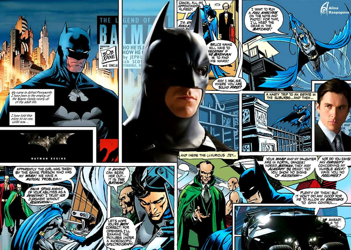 Bruce Wayne 桌布 壁紙 — 一個動態漫畫拼貼畫，以不同風格的蝙蝠俠為特色，包括經典漫畫和2005年電影，背景為高譚市，並帶有戲劇性的對話面板。