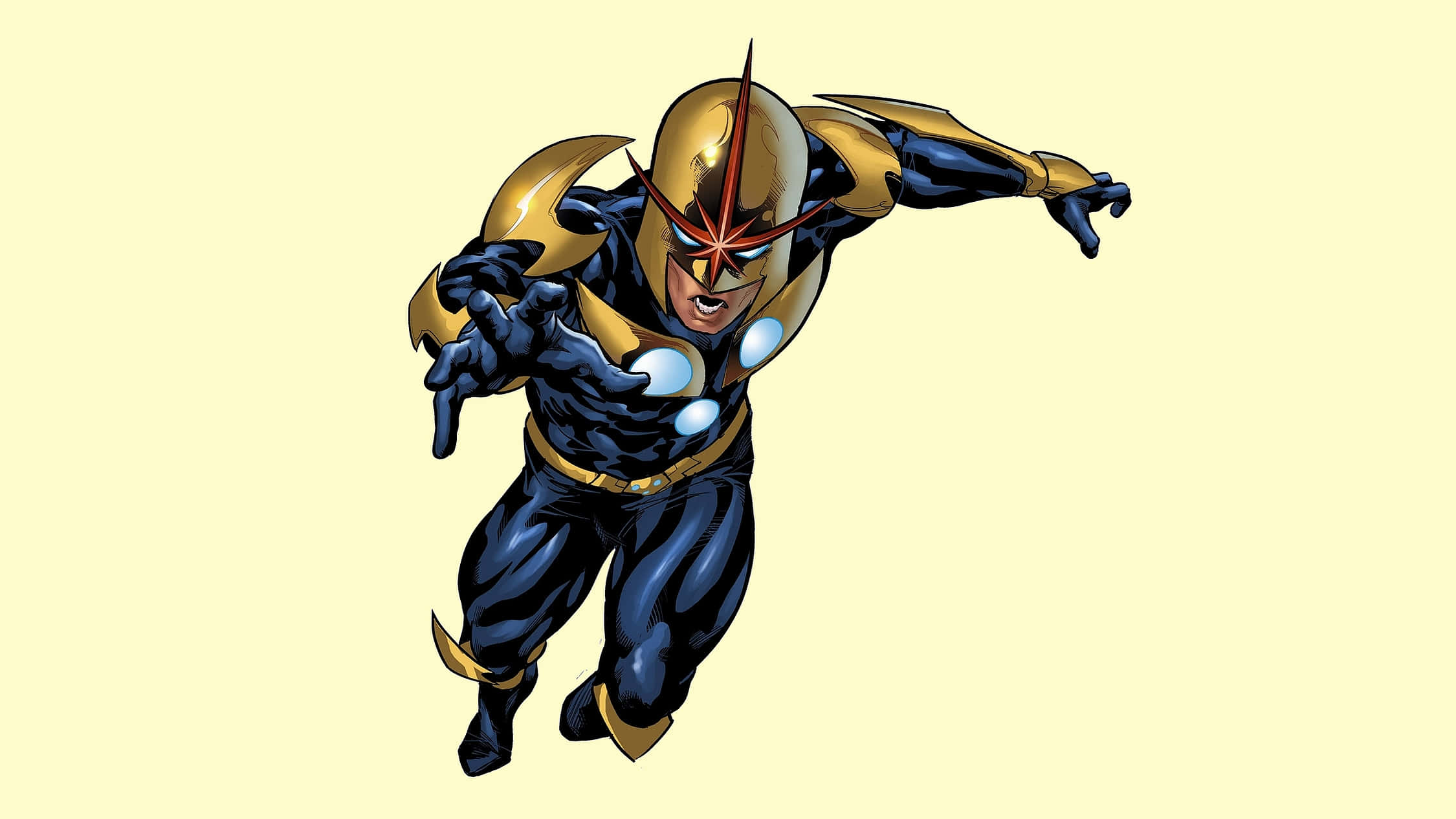 Nova Corps 桌布 壁紙 — 一個動態漫畫超級英雄，身穿藍色和金色套裝，胸前有發光球體，在淡黃色背景上向前衝刺。