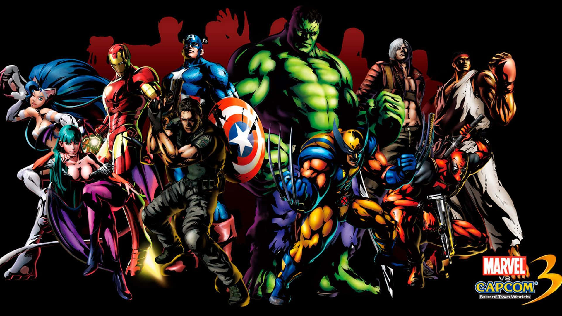 Animated Superhero Movies 桌布 壁紙 — 一個動態漫畫陣容，Marvel 和 Capcom 英雄在帶有紅色剪影的深色背景前英勇地擺出姿勢。