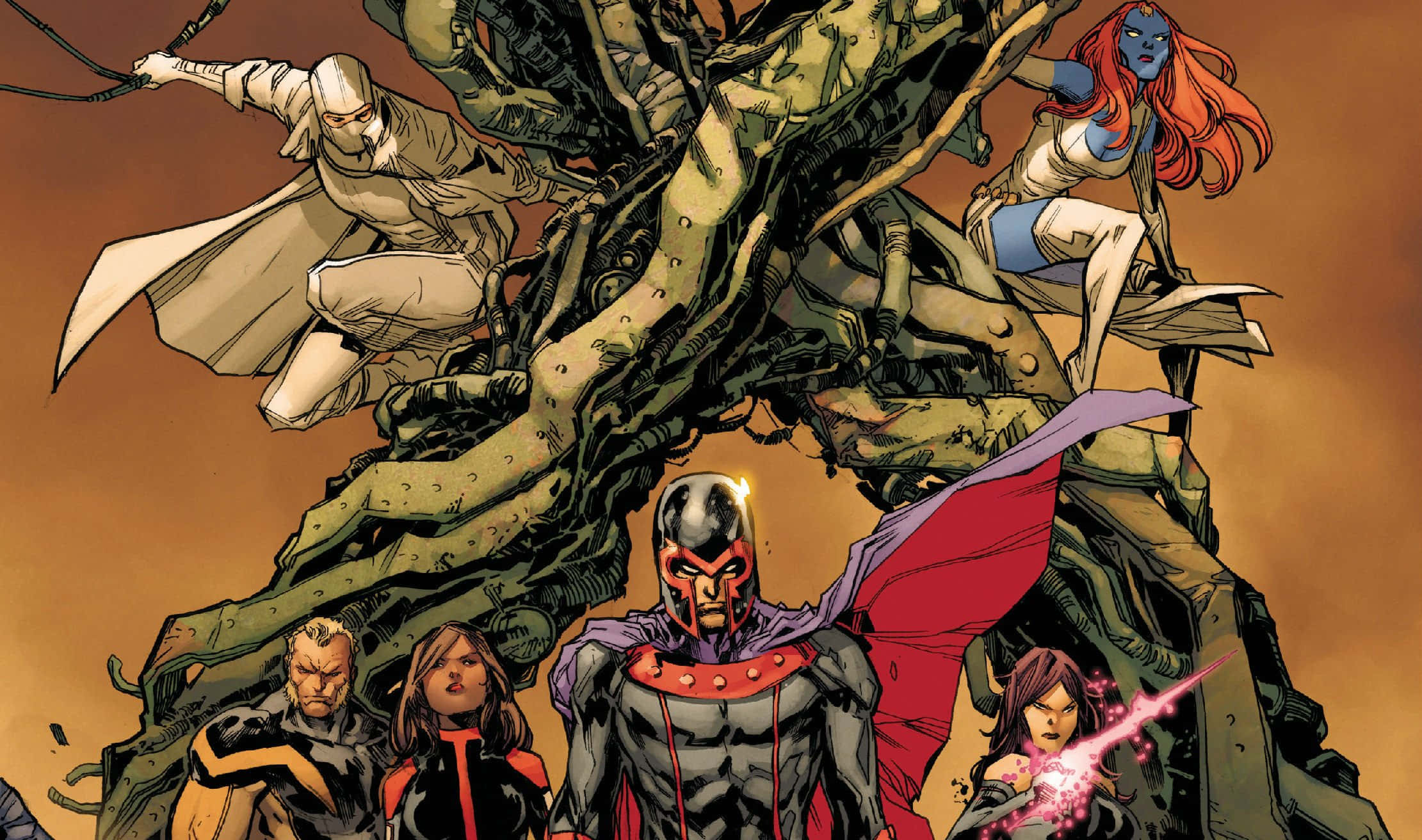 Uncanny X-men Comics 壁紙 — 一個動態漫畫面板，X戰警角色在暖色調背景上擺出動作姿勢，背景中有一個巨大的樹狀怪物。