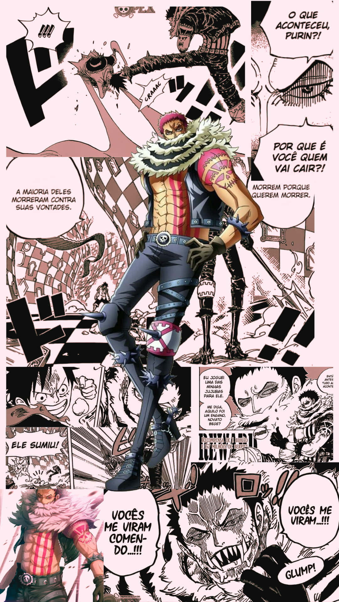 Manga Characters 桌布 壁紙 — 一個動態漫畫面板，展示一個肌肉發達的海盜，戴著羽毛領和劍，周圍是激烈的動作和葡萄牙語對話氣泡。