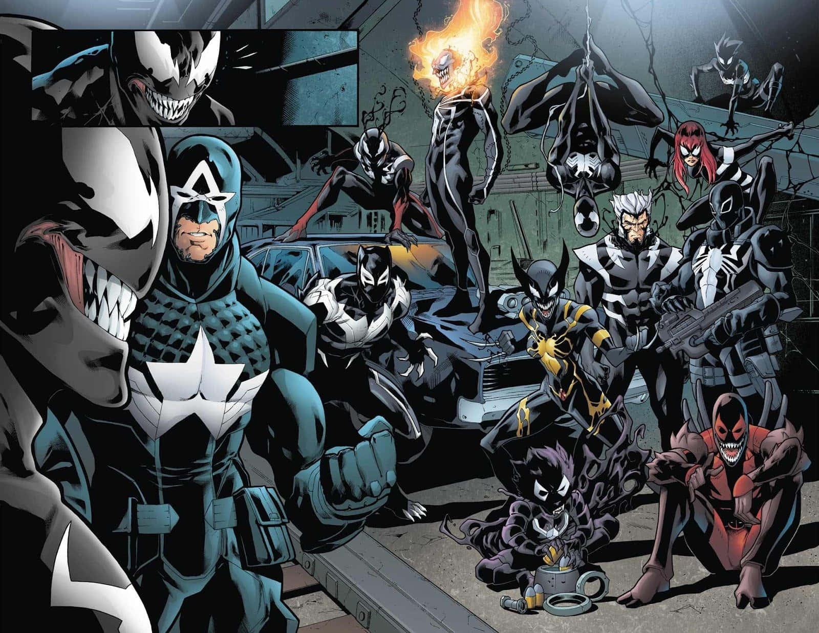 Venomverse 桌布 壁紙 — 一個動態漫畫面板，描繪了多個毒液共生體和盟友在夜晚的 gritty 城市小巷中。