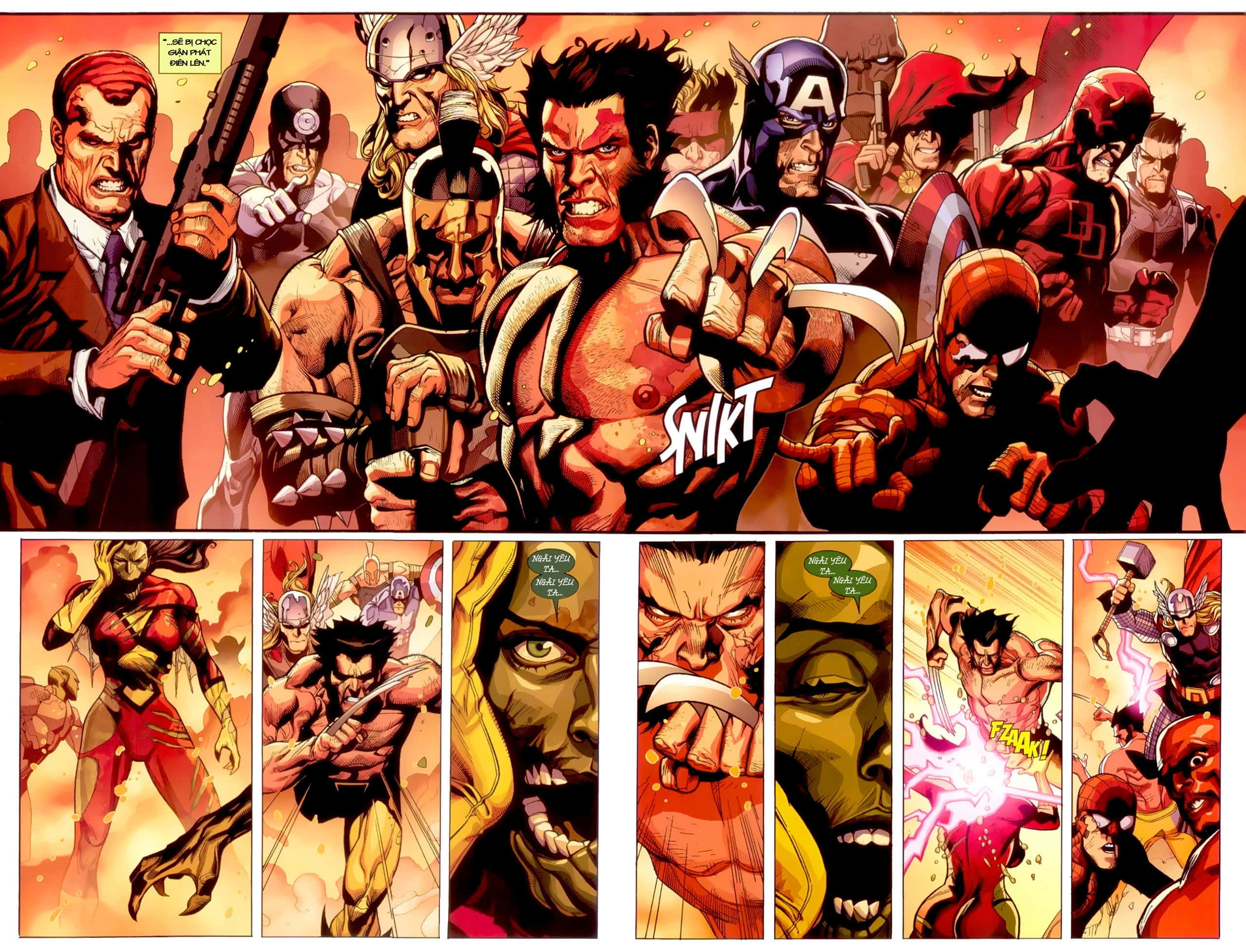 Dark Avengers 桌布 壁紙 — 一個動態漫畫面板，描繪了超級英雄和反派在熾熱橙色背景前擺出激烈動作姿勢的兇猛陣容。