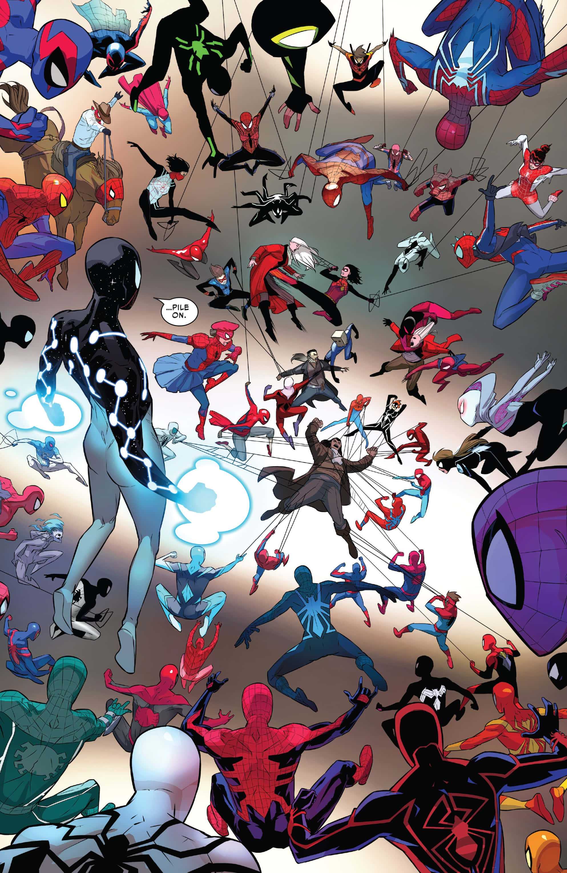Spider-geddon 桌布 壁紙 — 一個動態漫畫面板，數十個蜘蛛俠變體在柔和的背景前在空中擺盪和擺姿勢。