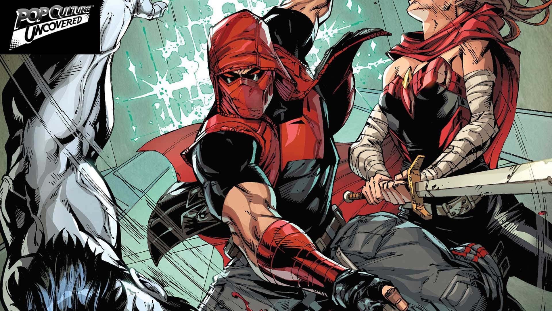 Red Hood 桌布 壁紙 — 一個動態漫畫面板顯示一個戴紅色面具的英雄與揮劍的盟友對抗一個可怕的敵人。