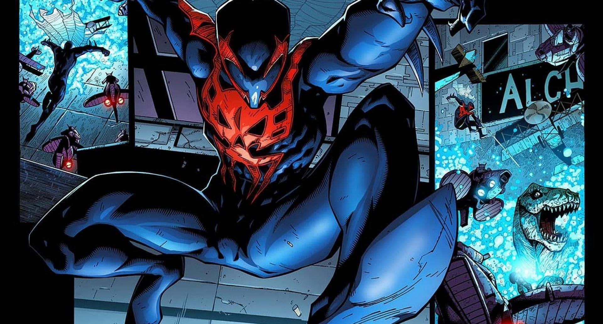Spider Man 2099 桌布 壁紙 — 一個動態漫畫面板顯示一個藍色和紅色裝甲超級英雄跳過一個破碎的城市景觀，背景有恐龍和飛行車輛。
