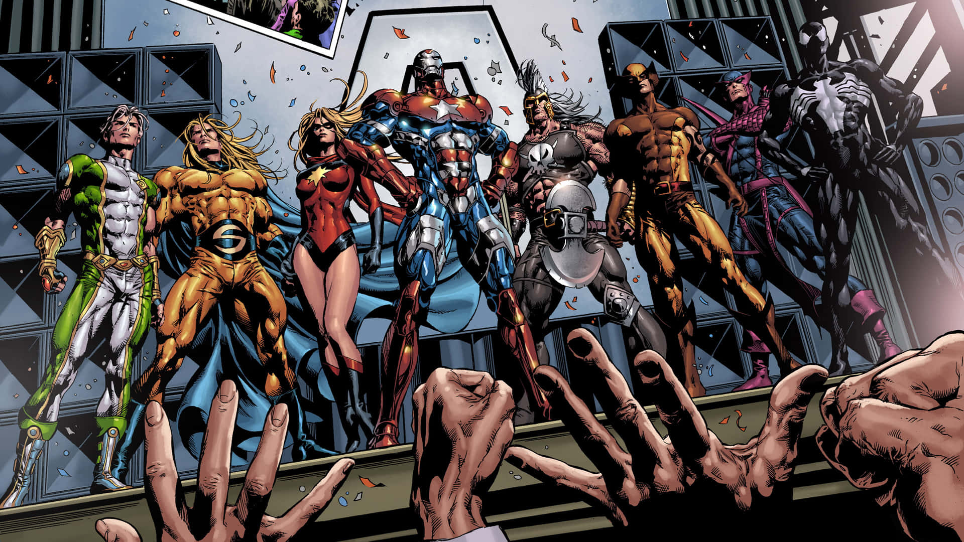 New Avengers 桌布 壁紙 — 一個動態漫畫面板顯示一排標誌性超級英雄英勇地站在平台上，而手從下方伸出。