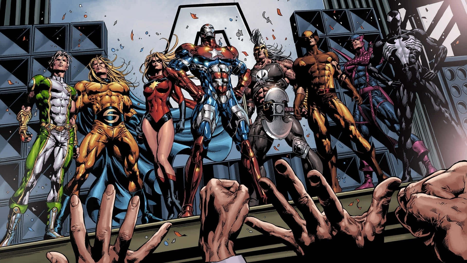 Dark Avengers 桌布 壁紙 — 一個動態漫畫面板顯示一排超級英雄英勇地站在屋頂上，而手從下方伸出。
