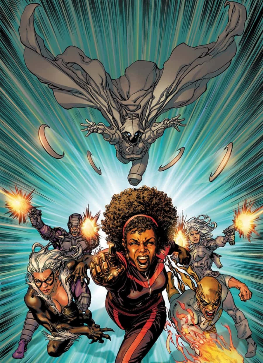 Heroes For Hire 桌布 壁紙 — 一個動態漫畫面板顯示一群超級英雄在行動中，伴隨著能量爆炸和一個飛翔的人物在他們上方，背景是帶有條紋的藍綠色。