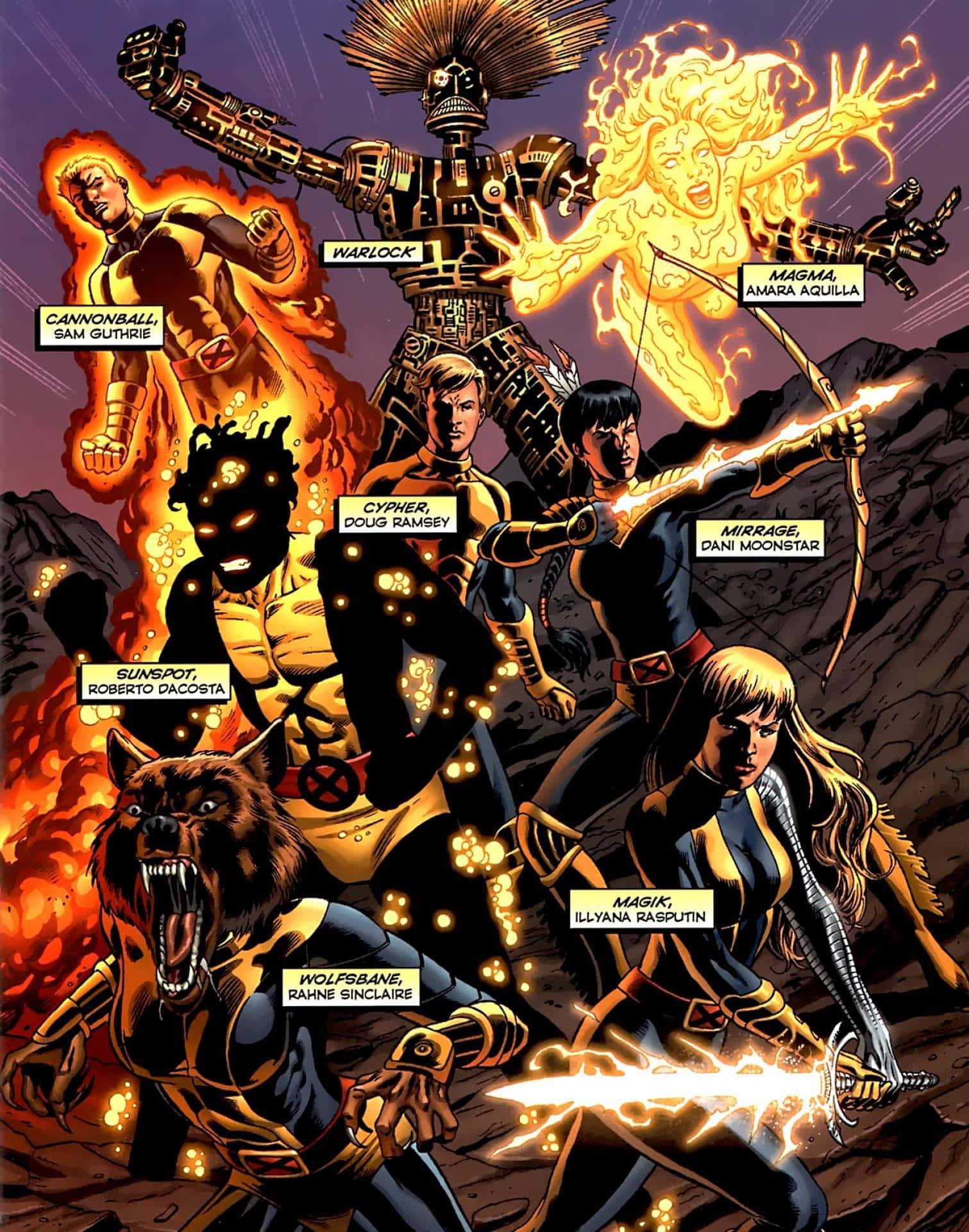 Mutants 桌布 壁紙 — 一個動態漫畫面板顯示七個X-Men角色在黑暗岩石背景下擺出火熱的動作姿勢。