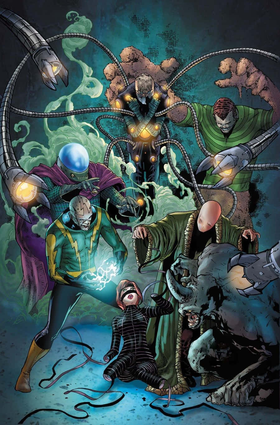 Sinister Six 桌布 壁紙 — 一個動態漫畫面板顯示多個反派包圍著一個跪著的女性，場景黑暗混亂，帶有發光能量效果。