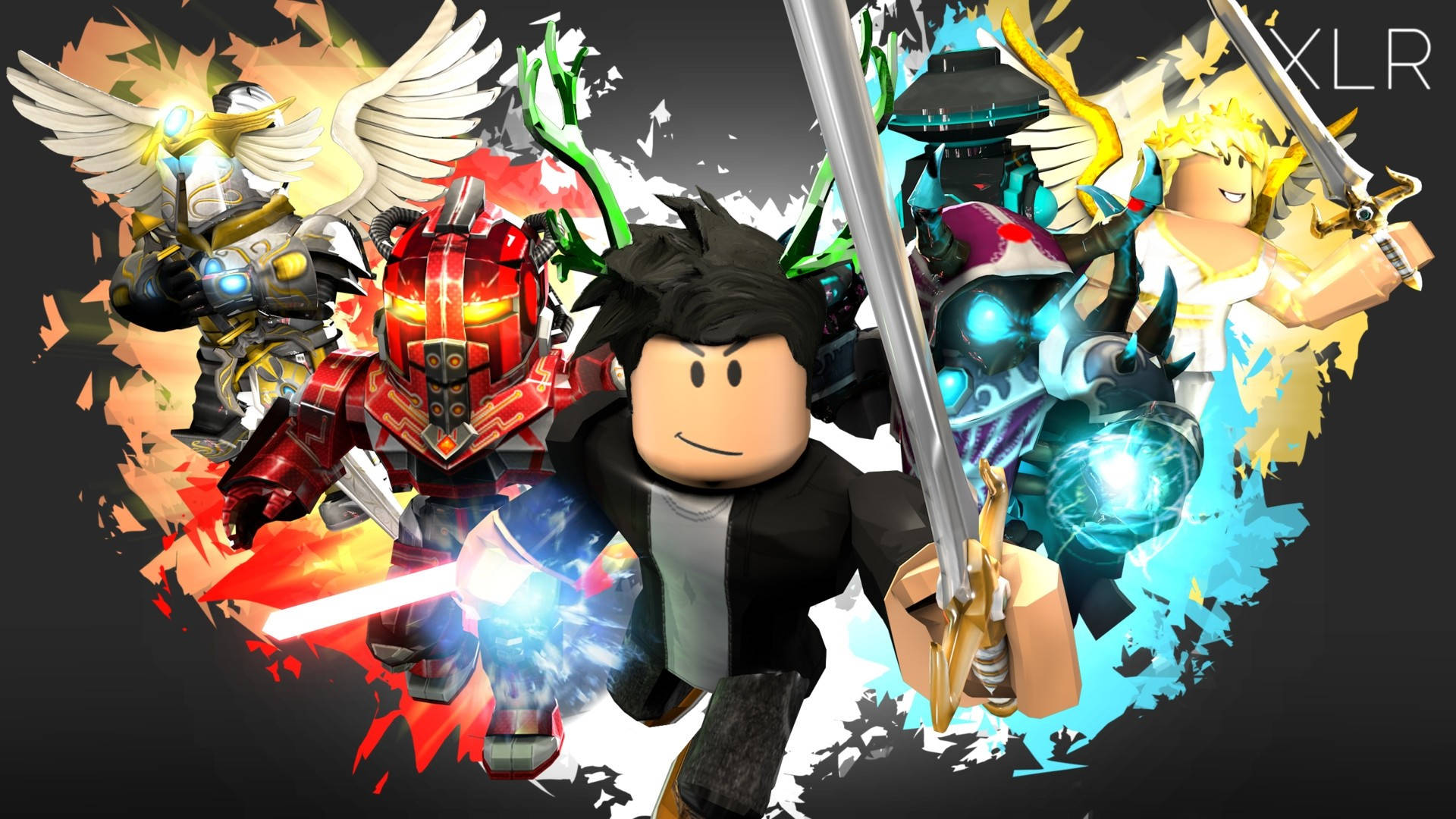 型格Roblox 桌布 壁紙 — 一個動態的 Roblox 角色揮舞著發光的劍，被四個從色彩繽紛的爆炸背景中衝出的奇幻裝甲盟友包圍。