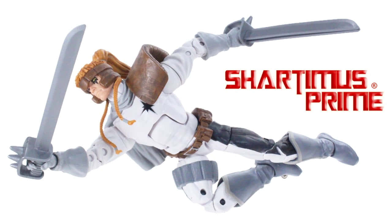 Shatterstar 桌布 壁紙 — 一個動態的 Shartimus Prime 動作人偶，在純白色背景下以空中戰鬥姿勢揮舞兩把劍。
