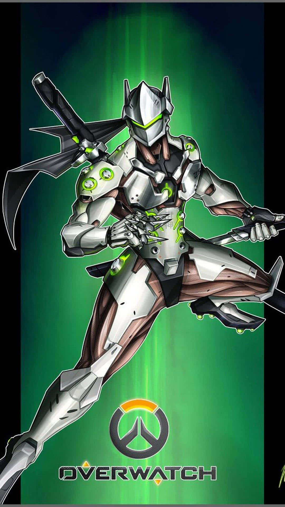 Overwatch Genji 桌布 壁紙 — 一個動態的《鬥陣特攻》角色身穿銀色和綠色盔甲，在發光的綠色背景前向前跳躍。