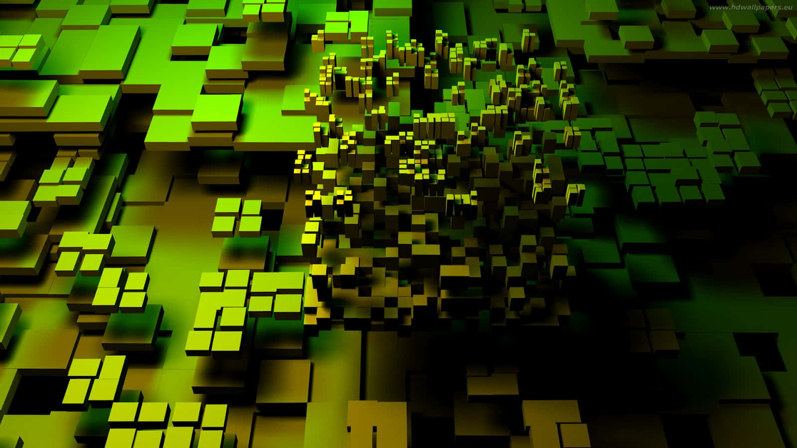 3d Technology 桌布 壁紙 — 一個動態的3D渲染抽象景觀，由發光的綠色和黃色立方體在較暗的背景下形成一個中央土墩。