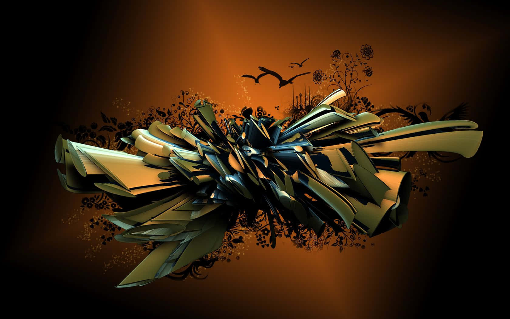 3d Abstract 桌布 壁紙 — 一個動態的3D渲染抽象雕塑，金屬碎片在溫暖的漸變背景上爆發，並帶有剪影鳥類和花卉圖案。