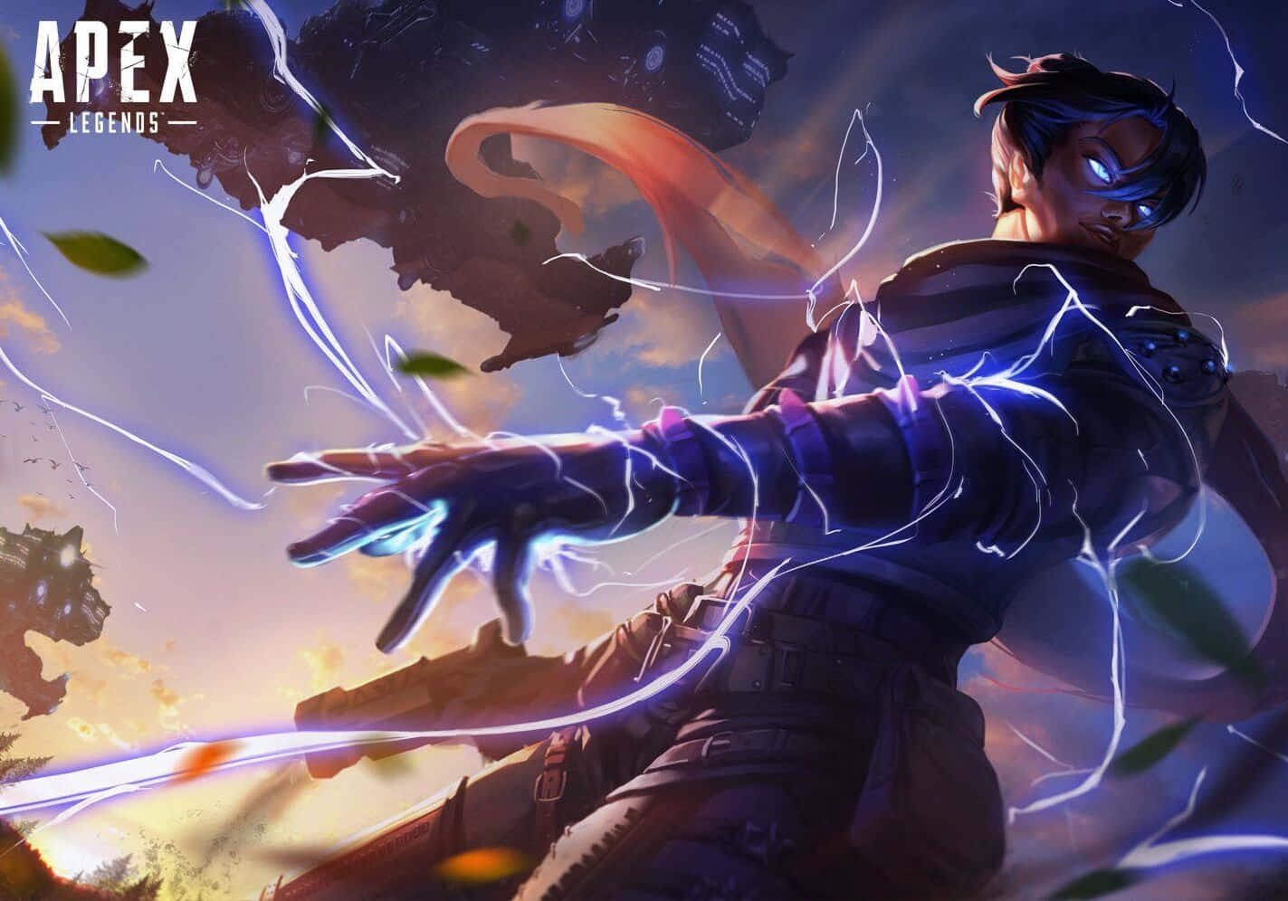 Apex 英雄 桌布 壁紙 — 一個動態的Apex Legends角色在戲劇性的天空背景下，以發光的藍色弧線引導電能。