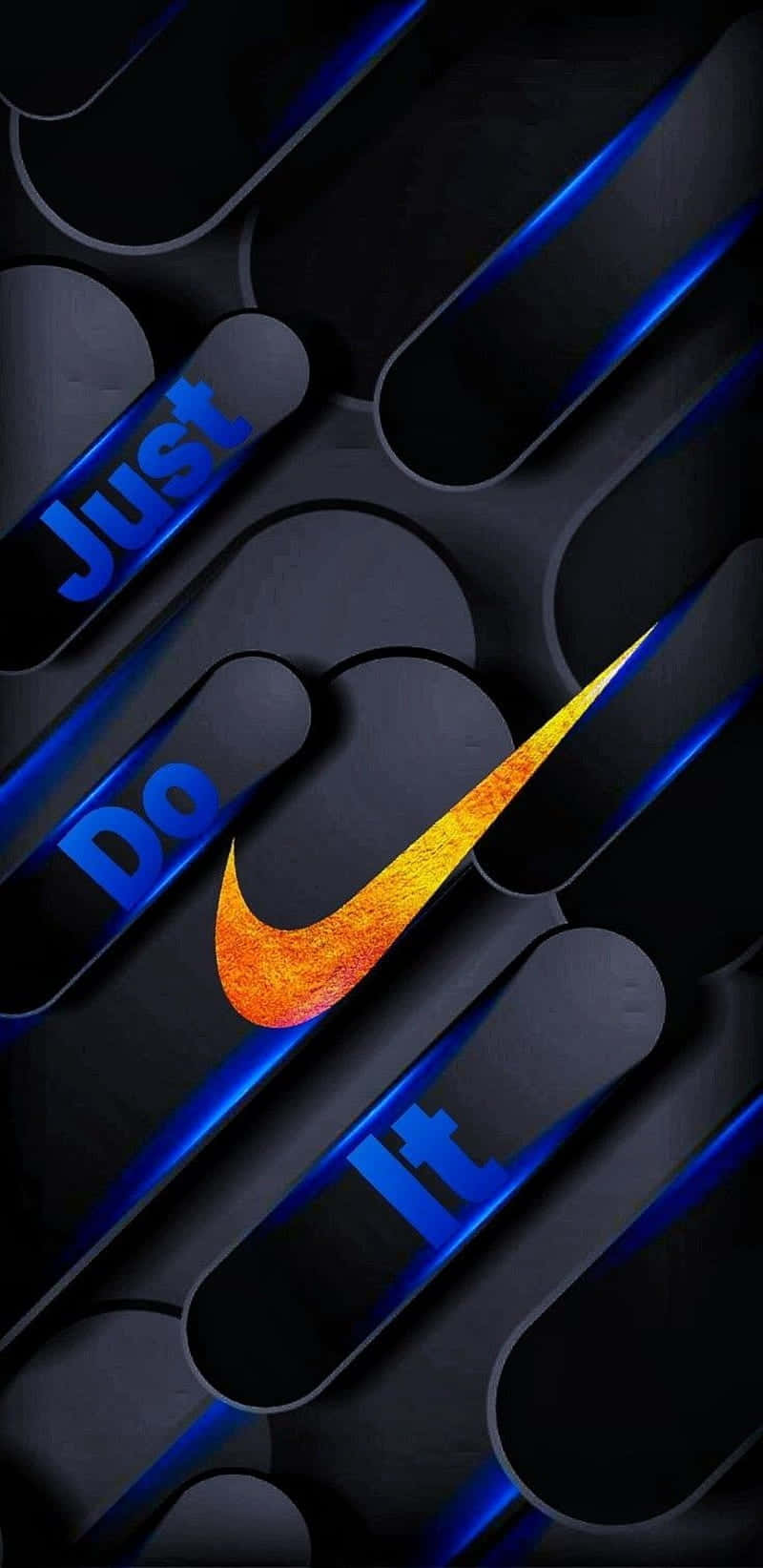 Blue Nike 桌布 壁紙 — 一個動態的Nike標誌，帶有火熱橙色和電光藍色的發光點綴，置於時尚的黑色抽象背景上。