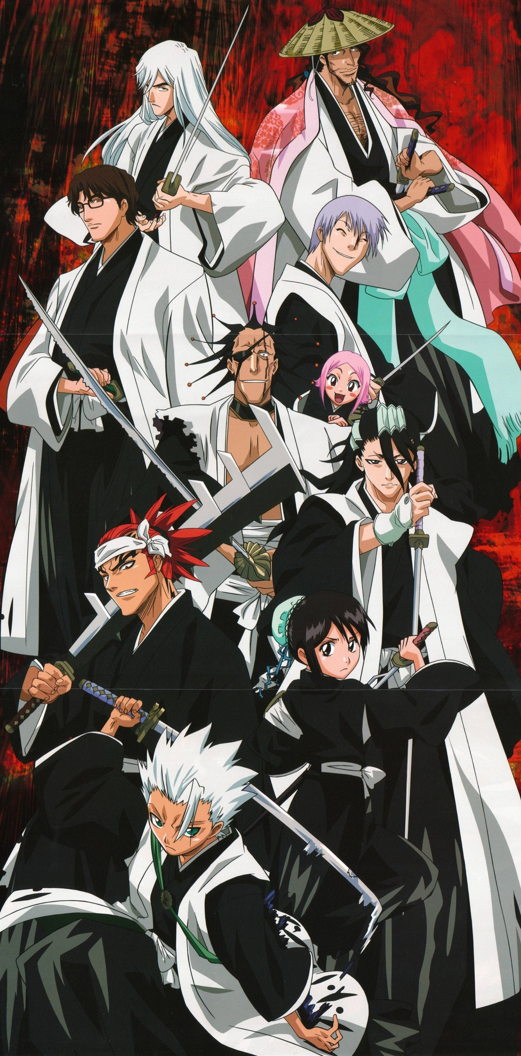Bleach iPhone 桌布 壁紙 — 一個動態的動漫團體，由身穿白色和黑色長袍、揮舞劍的戰士組成，背景是火紅色的。