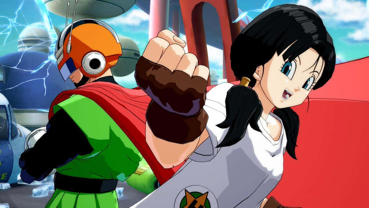 Videl 桌布 壁紙 — 一個動態的動漫場景， featuring 一位黑髮女戰士和一個男性機械人同伴，在一個帶有閃電效果的未來城市景觀中。