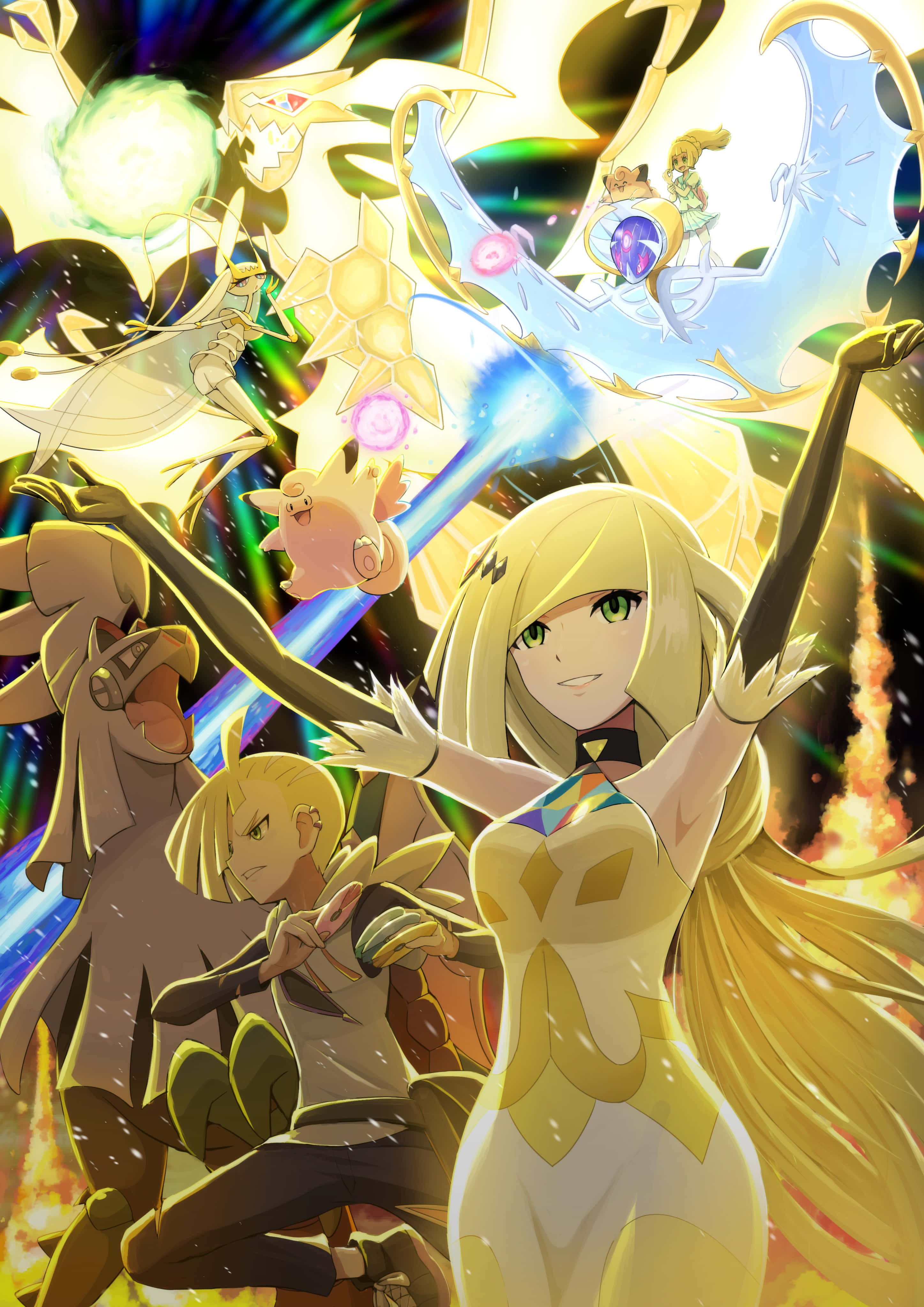 Pokemon Masters 桌布 壁紙 — 一個動態的動漫場景，金髮女訓練員和她的寶可夢在燦爛的宇宙背景下釋放多彩的能量攻擊。