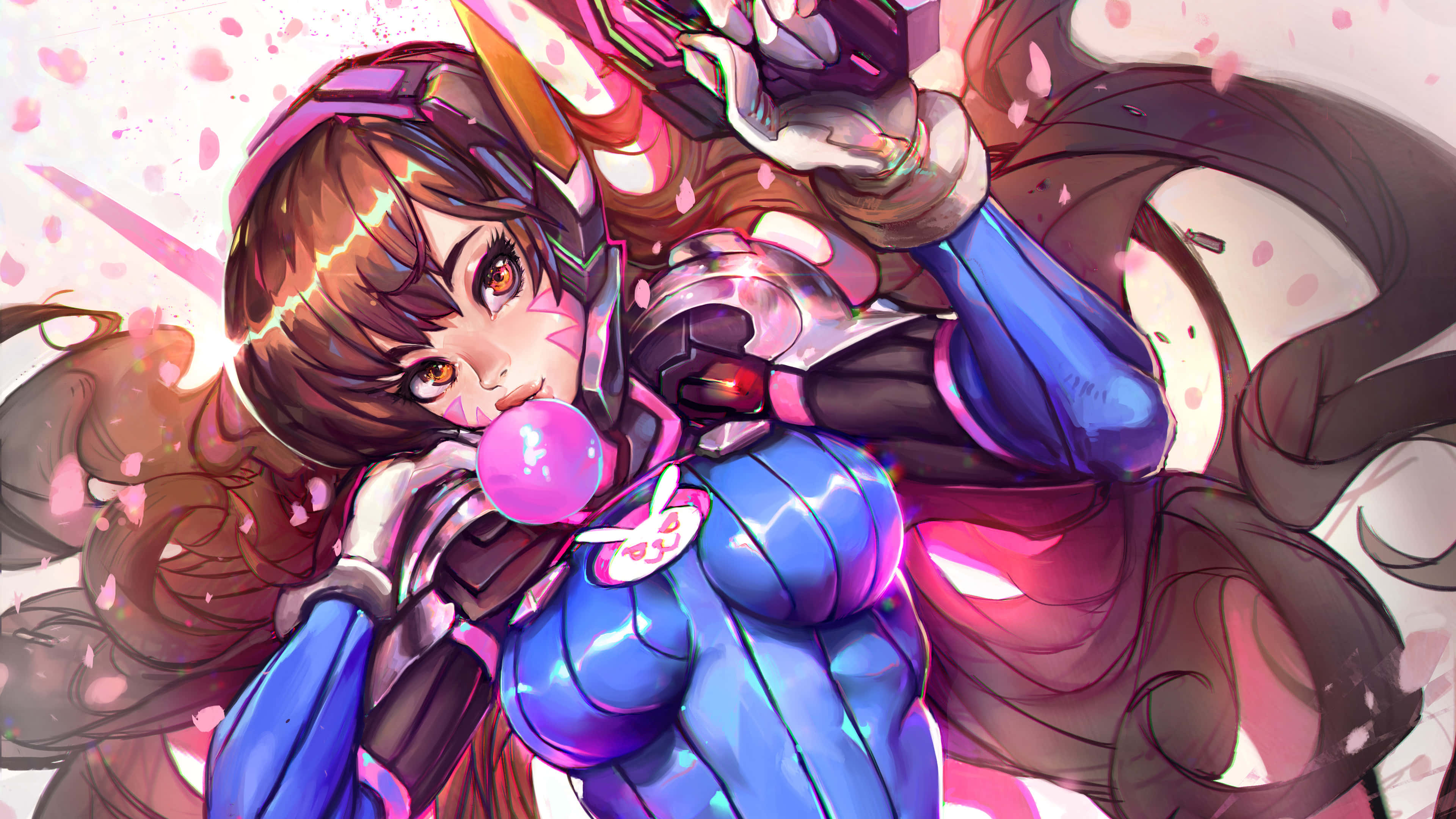 Overwatch Heroes 桌布 壁紙 — 一個動態的動漫女孩，穿著藍色和粉紅色的裝甲服，在旋轉的櫻花中吹著泡泡糖泡泡。