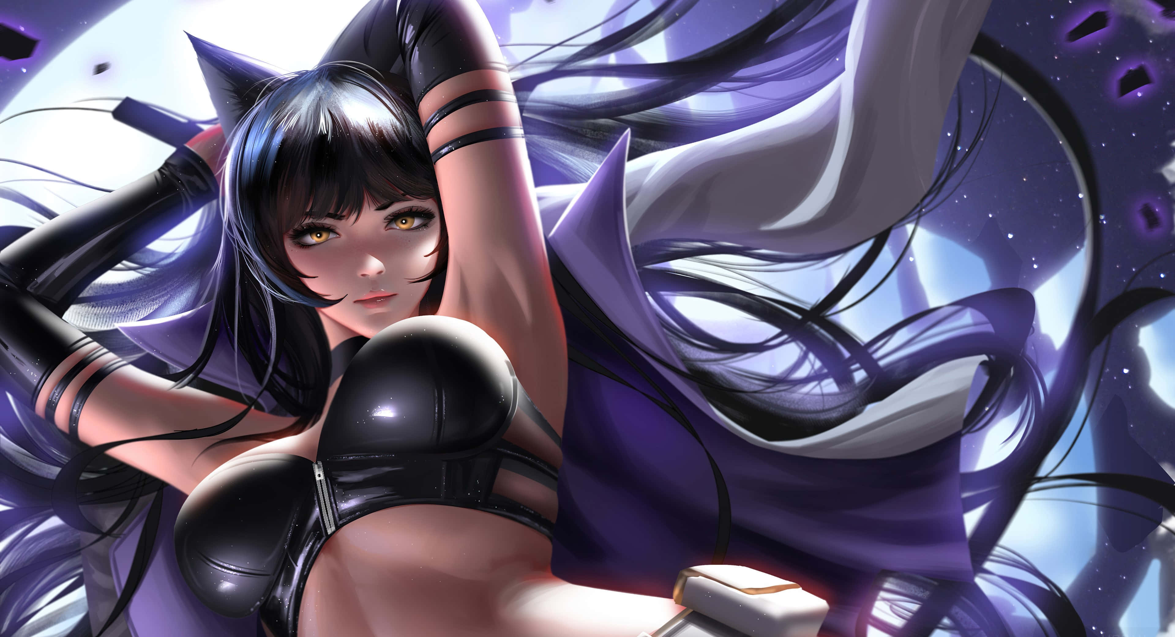 Rwby 桌布 壁紙 — 一個動態的動漫女孩，長著貓耳朵和飄逸的紫色頭髮，在宇宙星空背景下擺出強有力的姿勢。