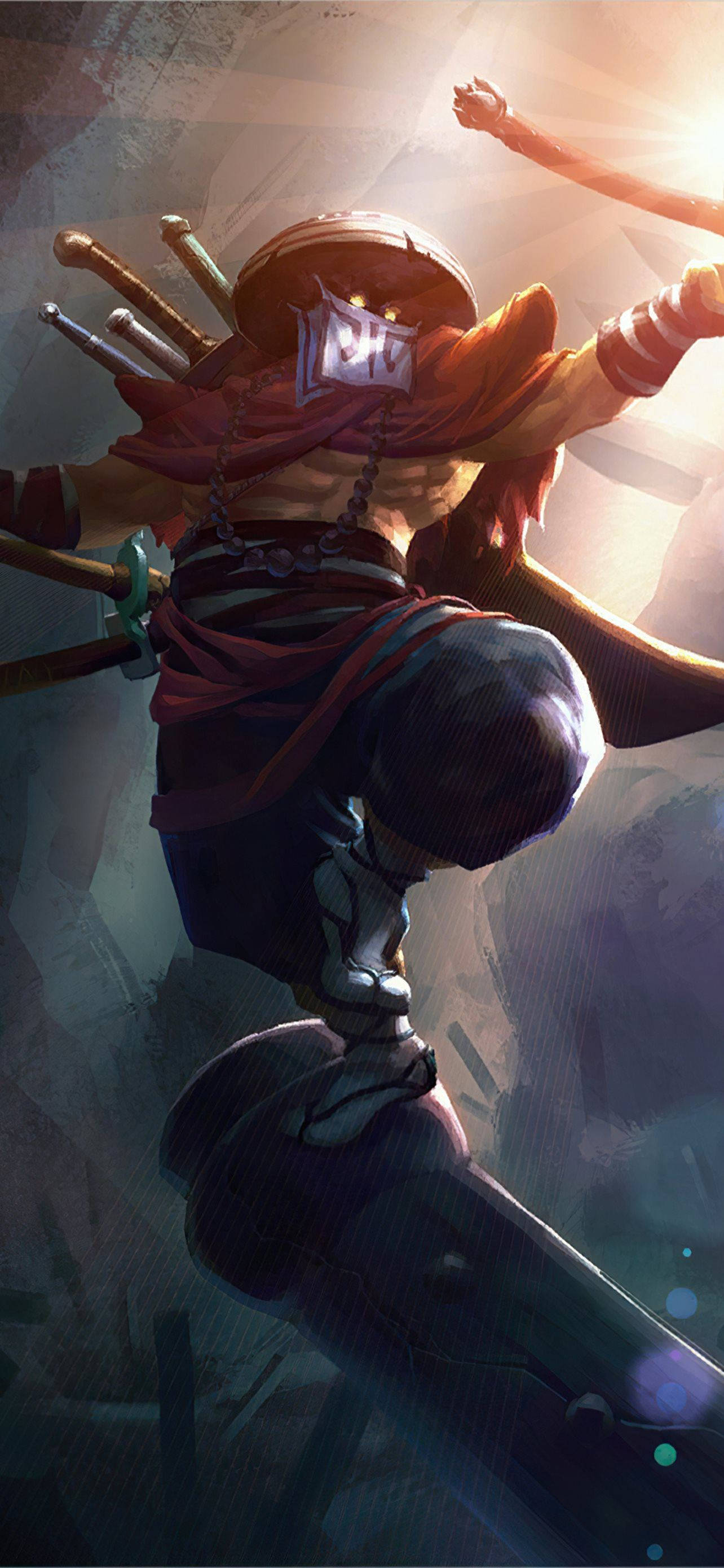 遊戲 桌布 壁紙 — 一個動態的動漫忍者戰士在發光的日落背景下向前躍進，刀刃出鞘。