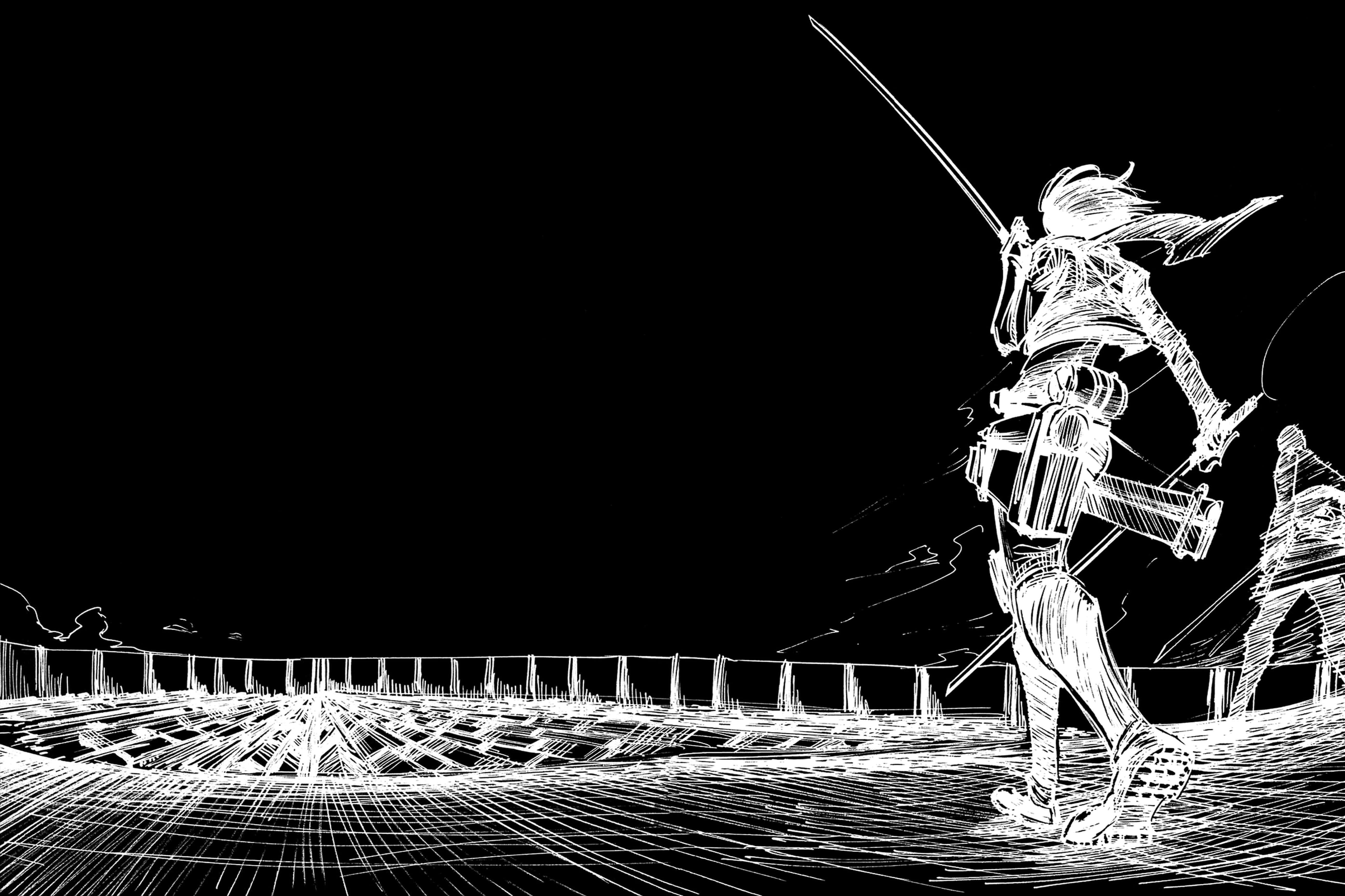 Manga Series 桌布 壁紙 — 一個動態的動漫戰士以白色線條藝術向前揮劍，背景為鮮明的黑色。