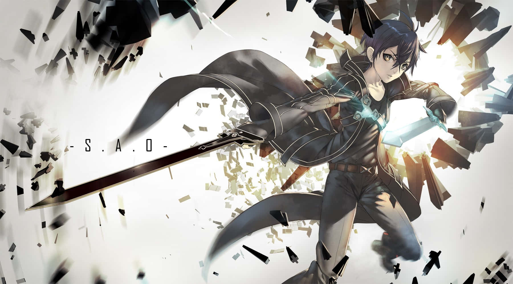 Kazuto Kirigaya 桌布 壁紙 — 一個動態的動漫戰士用發光的劍劈開碎裂的黑色碎片，背景是明亮的白色。