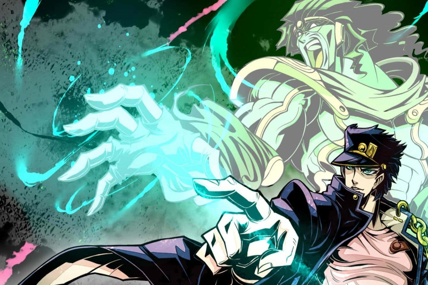 Jjba 桌布 壁紙 — 一個動態的動漫戰鬥場景，一個戴帽子的年輕人向一個巨大的綠色對手釋放出一隻發光的藍色手掌。