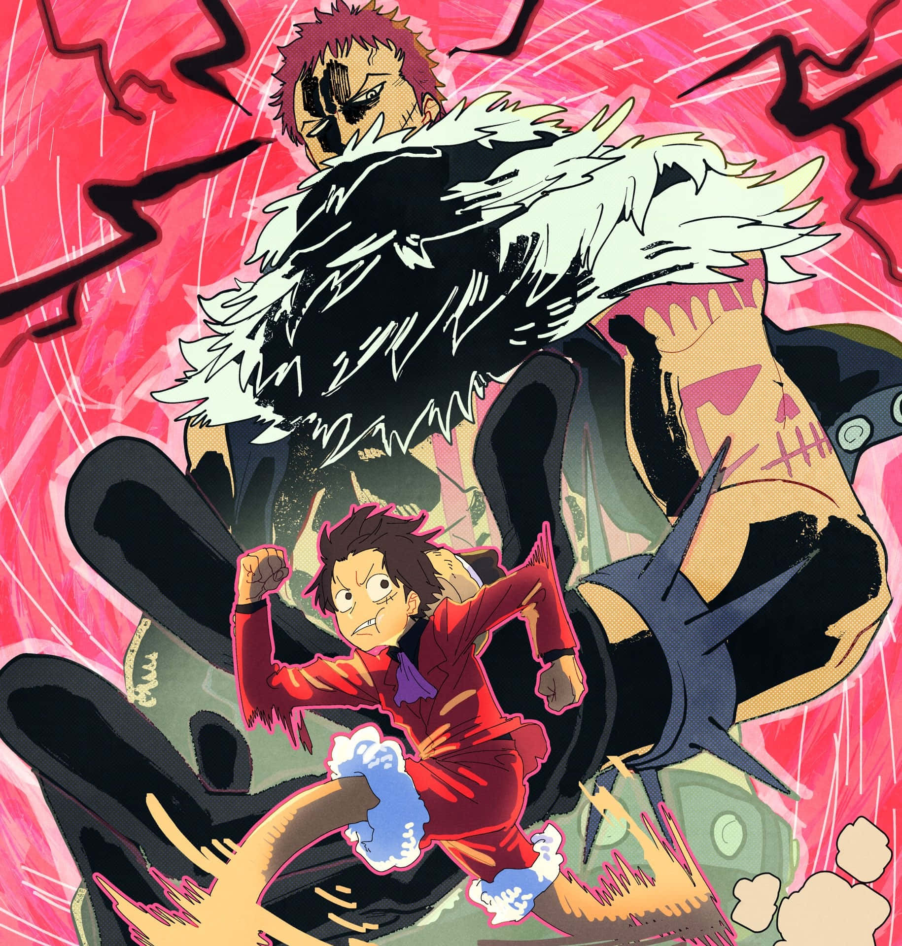 Charlotte Katakuri 桌布 壁紙 — 一個動態的動漫戰鬥場景，一個身穿紅色西裝的男孩在鮮豔的粉紅色和黑色背景下對抗一個巨大的尖刺怪物。