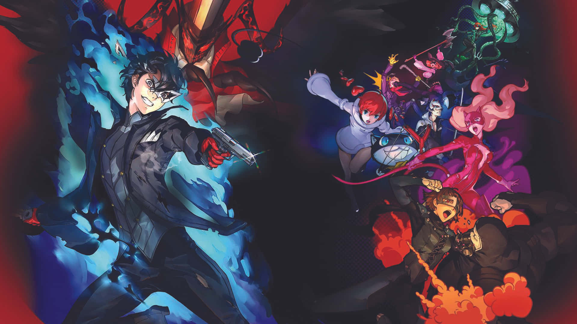 Persona 5 Strikers 桌布 壁紙 — 一個動態的動漫戰鬥場景，中心男性主角揮舞著槍，周圍環繞著色彩繽紛的超自然盟友，背景是深紅色和藍色的能量。