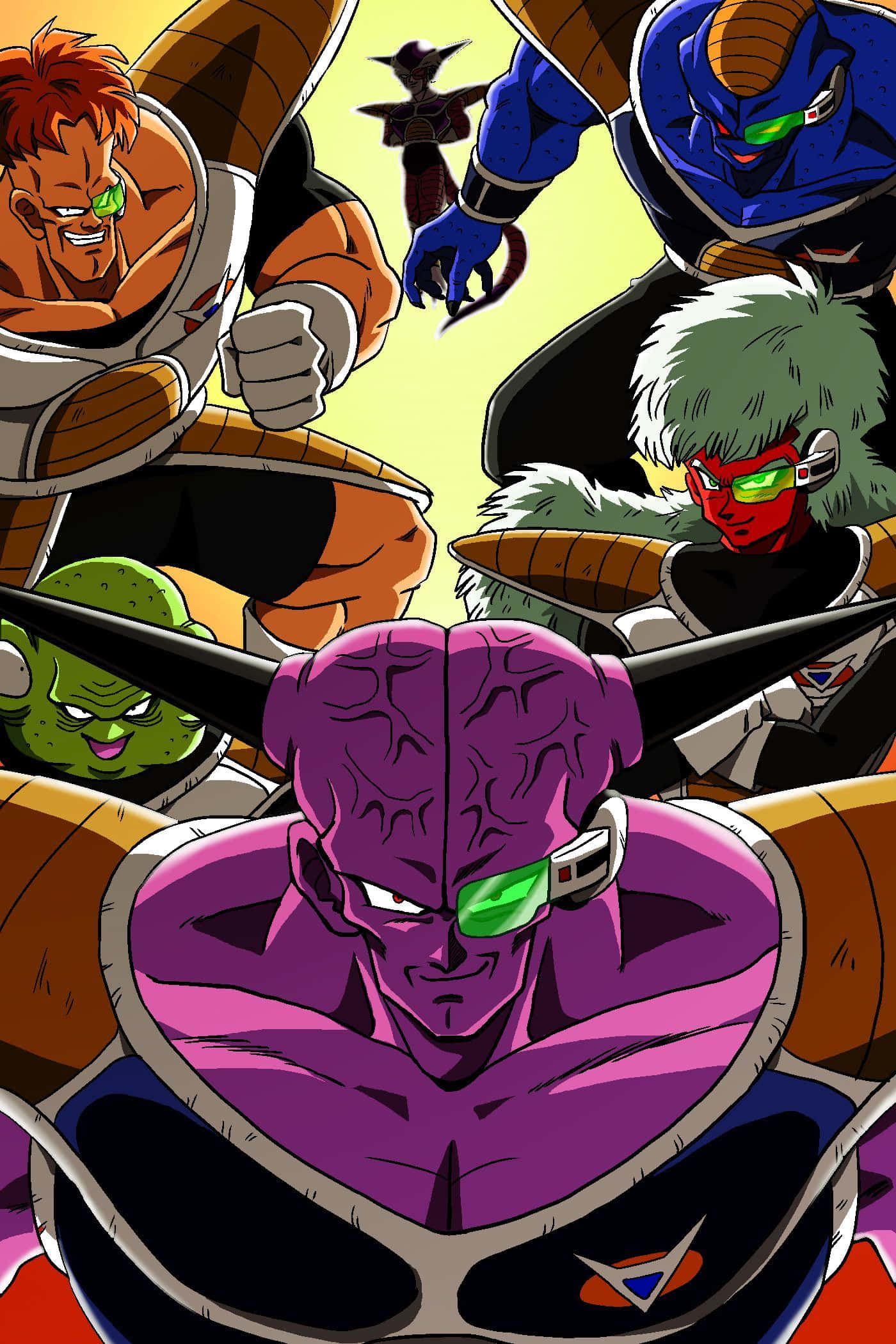 Ginyu Force 桌布 壁紙 — 一個動態的動漫戰鬥場景，以鮮豔色彩和粗線條描繪菲利和他的精英小隊。
