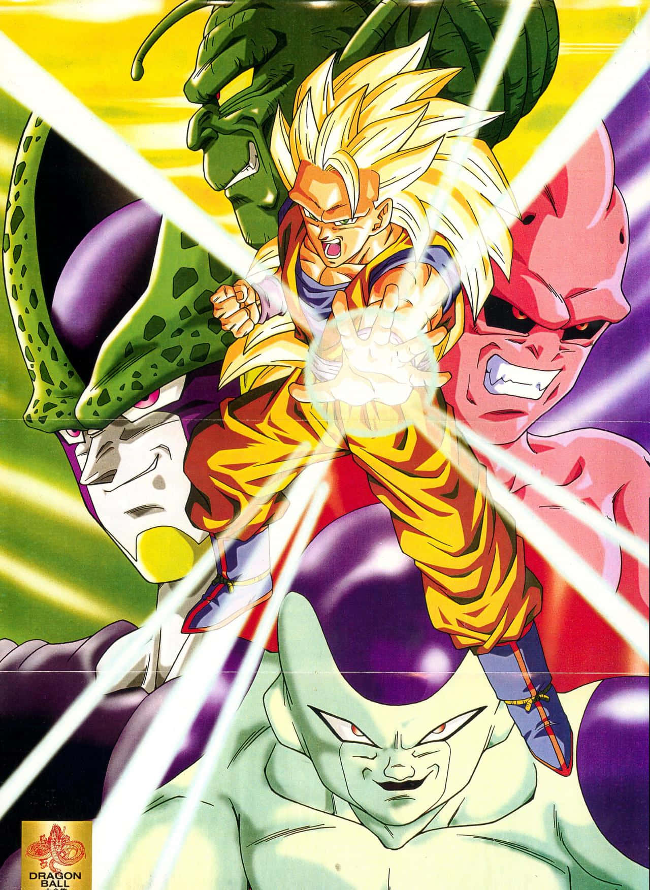 Buu Saga 桌布 壁紙 — 一個動態的動漫戰鬥場景，悟空以超級賽亞人形態被四個強大的敵人包圍，背景是耀眼的黃色和紫色。