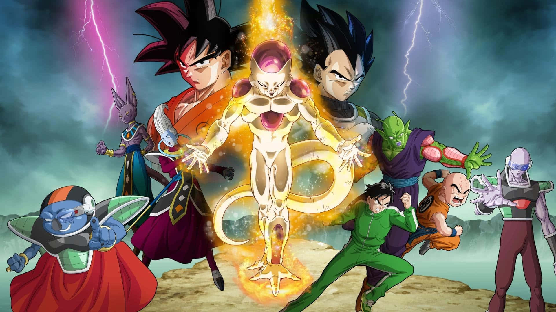Dbz Movies 桌布 壁紙 — 一個動態的動漫戰鬥場景，描繪悟空、比達及其他龍珠角色包圍著發光的金色菲利，背景是暴風雨的天空。