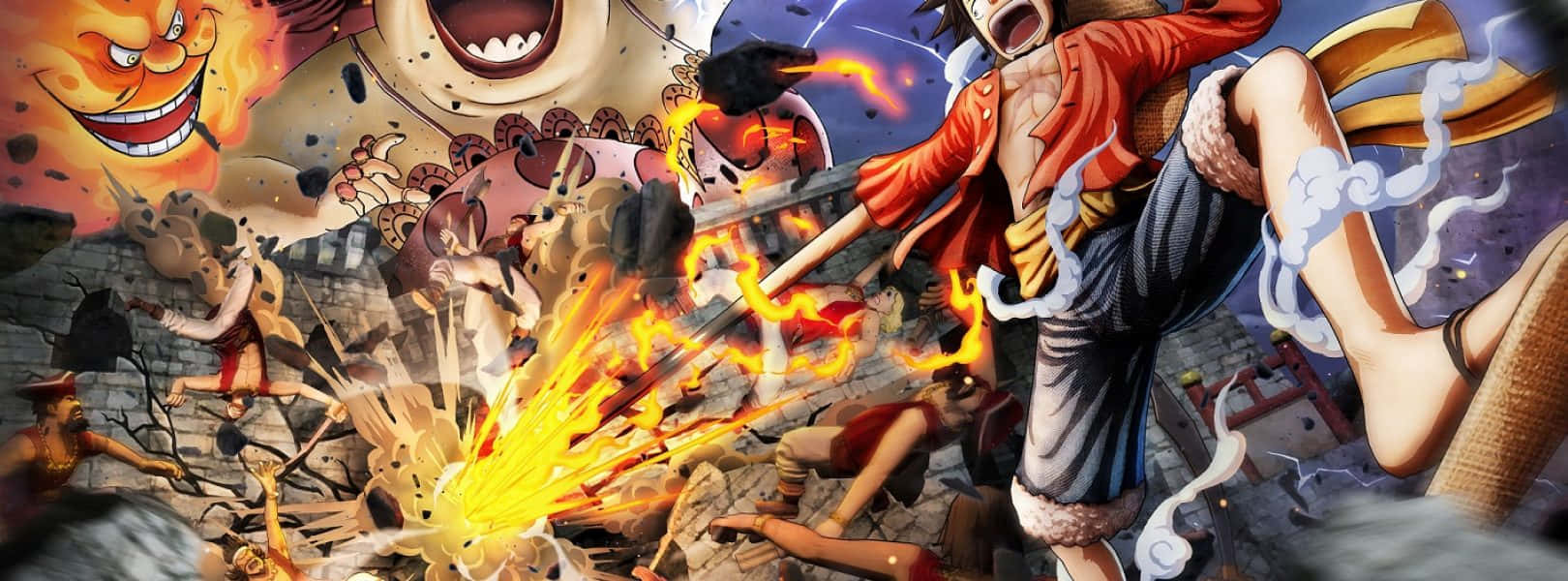 Marineford Aftermath 桌布 壁紙 — 一個動態的動漫戰鬥場景，有熾熱的爆炸和多個角色在瓦礫中行動。