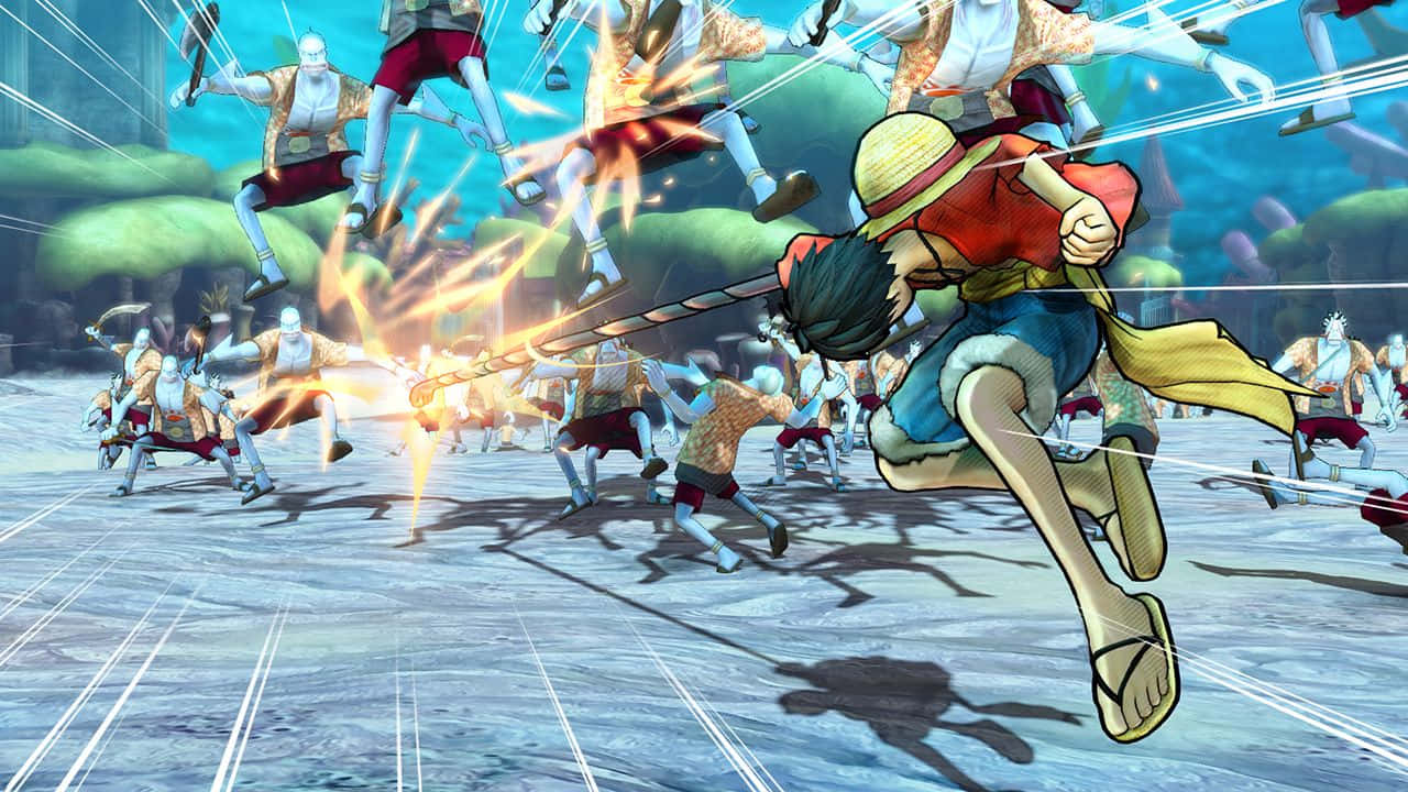 Marineford Aftermath 桌布 壁紙 — 一個動態的動漫戰鬥場景，草帽海盜在空中跳躍，同時在充滿活力的水下環境中與多個敵人交戰。